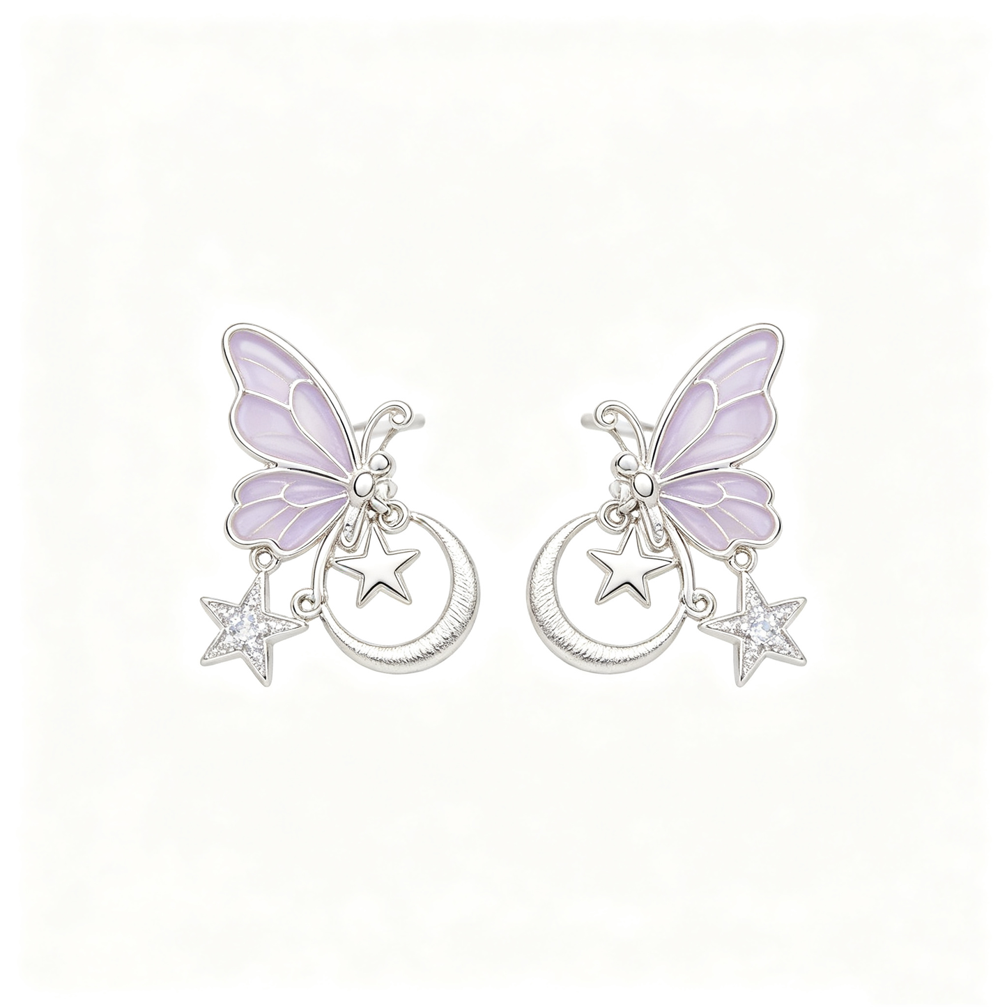 Lavender Butterfly Moon Star Dangle Earrings
