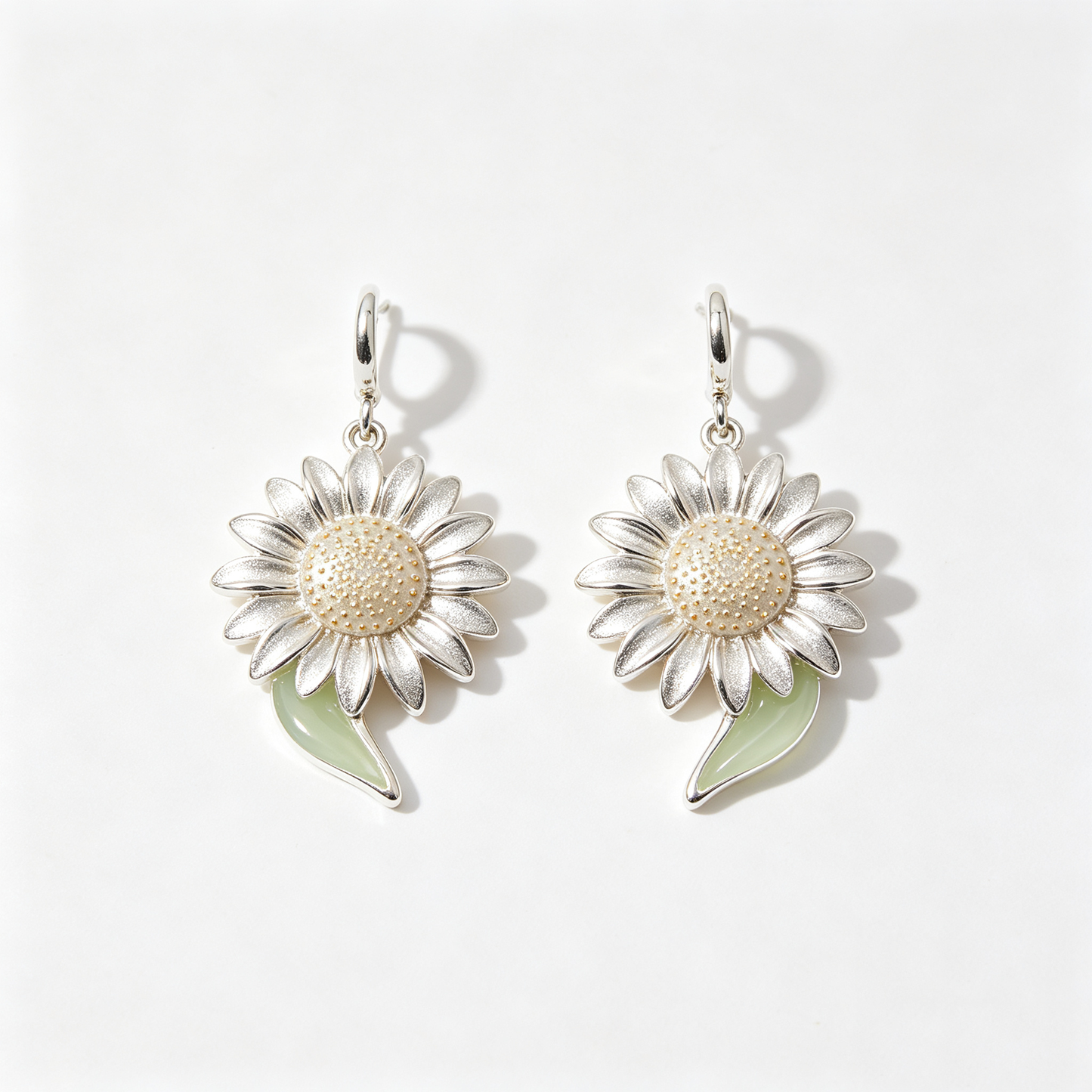Silver Sunflower Hoop Drop Earrings