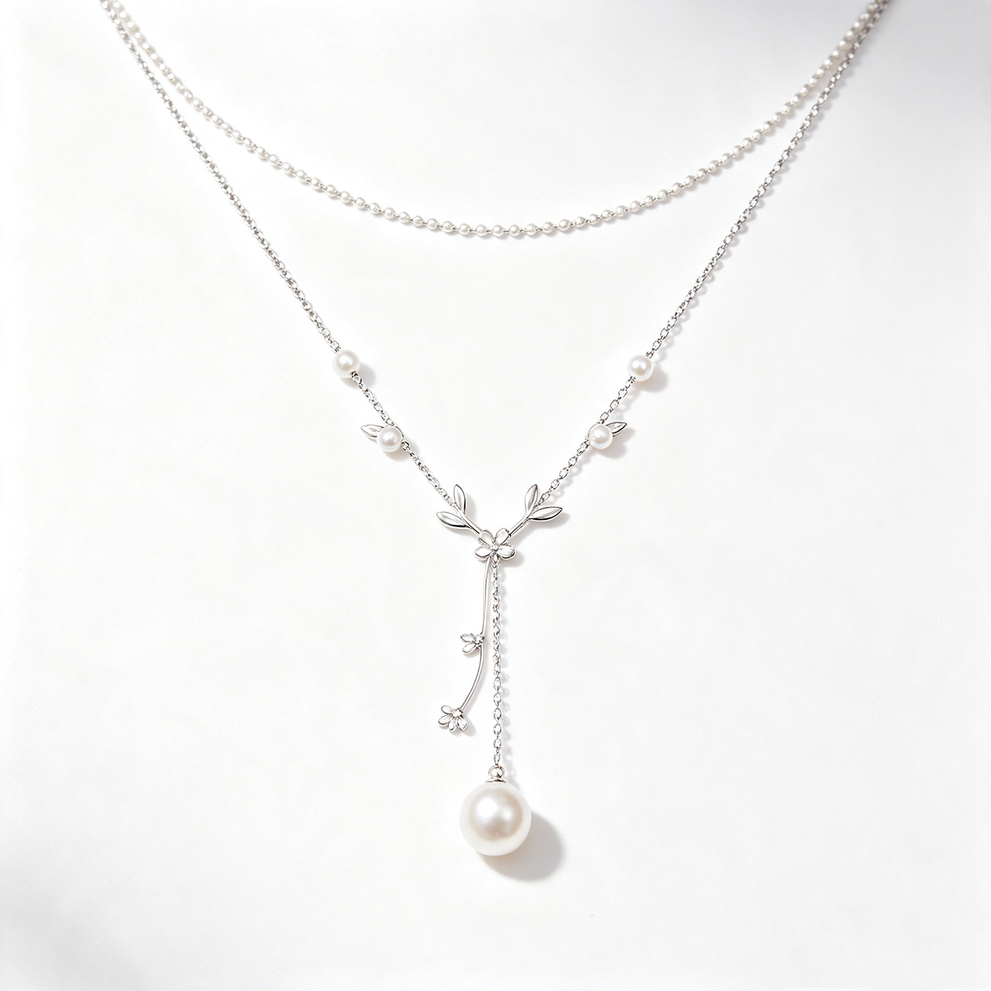 Y‑Shape Floral Branch Double Layer Pearl Necklace