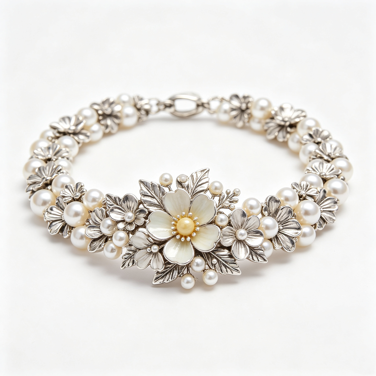 Vintage Blooming Floral Pearl Statement Bracelet