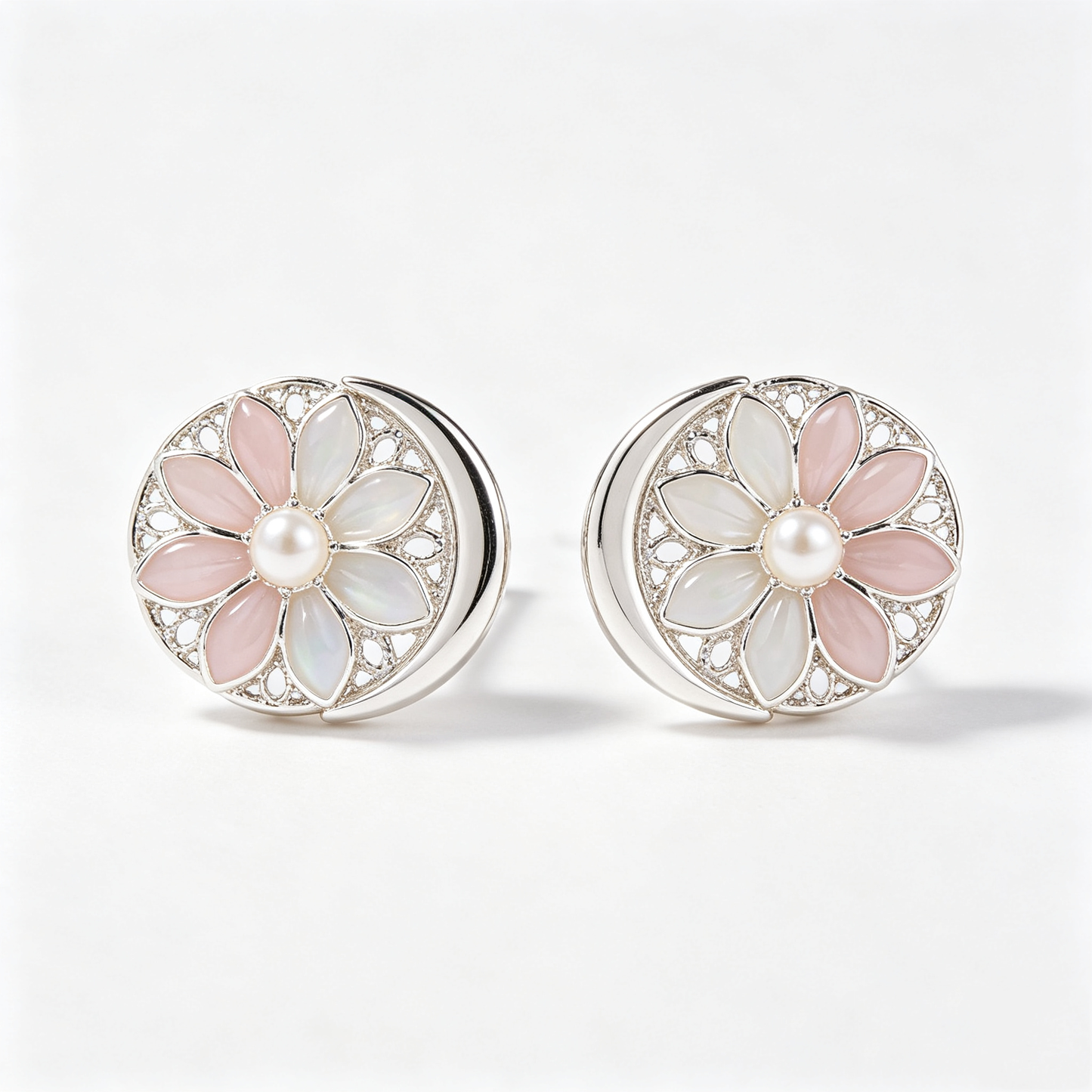 Pink Floral Crescent Moon Circle Stud Earrings