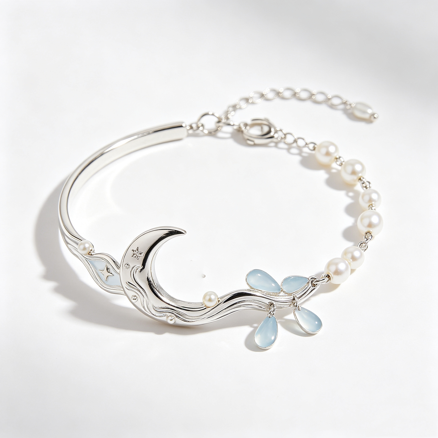 Carved Crescent Moon Blue Teardrop Gem Pearl Bangle Bracelet