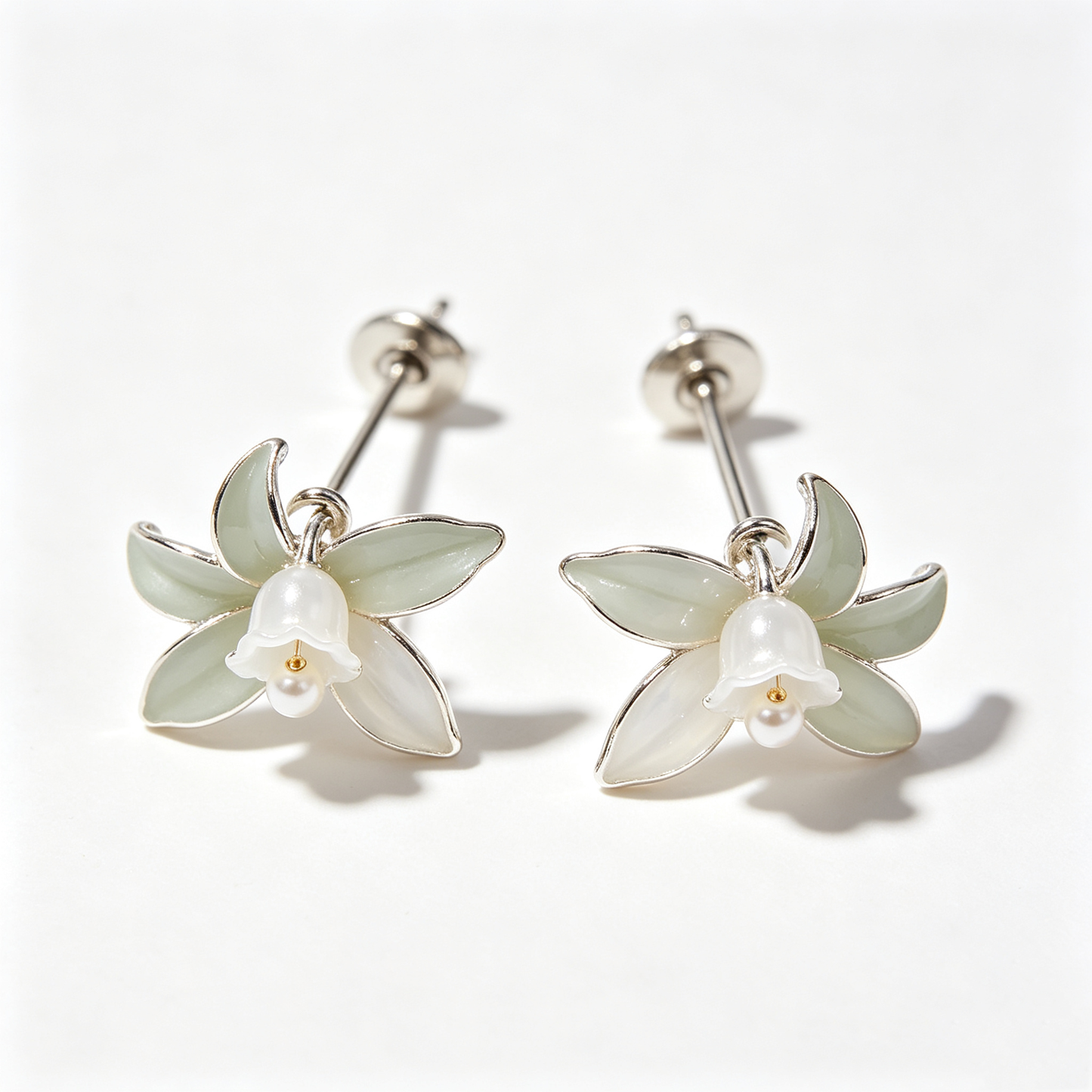 Green Orchid Bellflower Pearl Dangle Stud Earrings