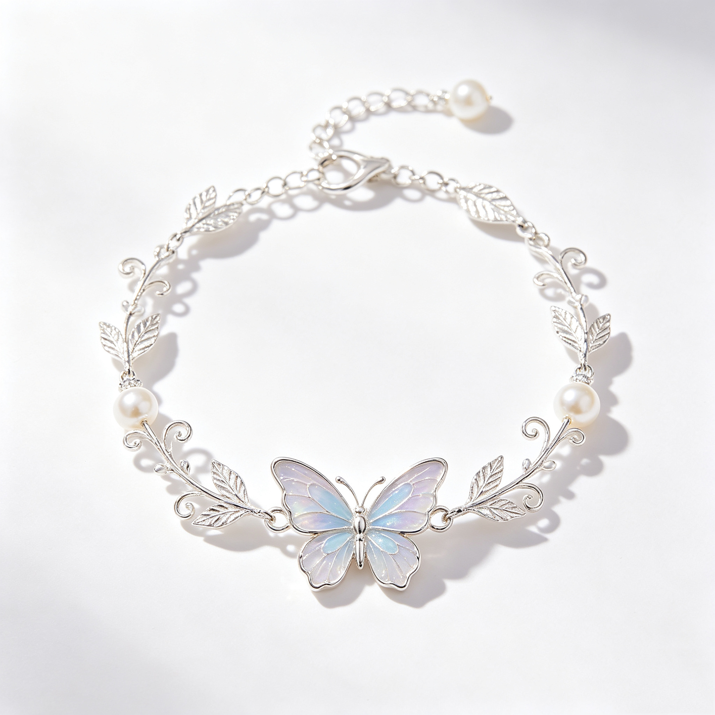 Iridescent Butterfly Leaf Scroll Pearl Bracelet