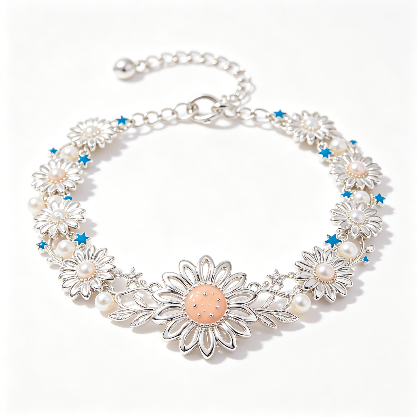 Peach Daisy Star Pearl Statement Bracelet