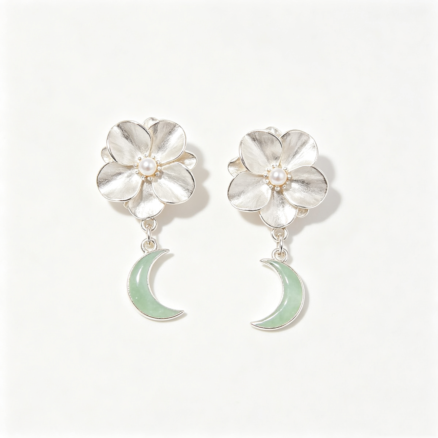 Silver Flower Green Crescent Moon Drop Earrings