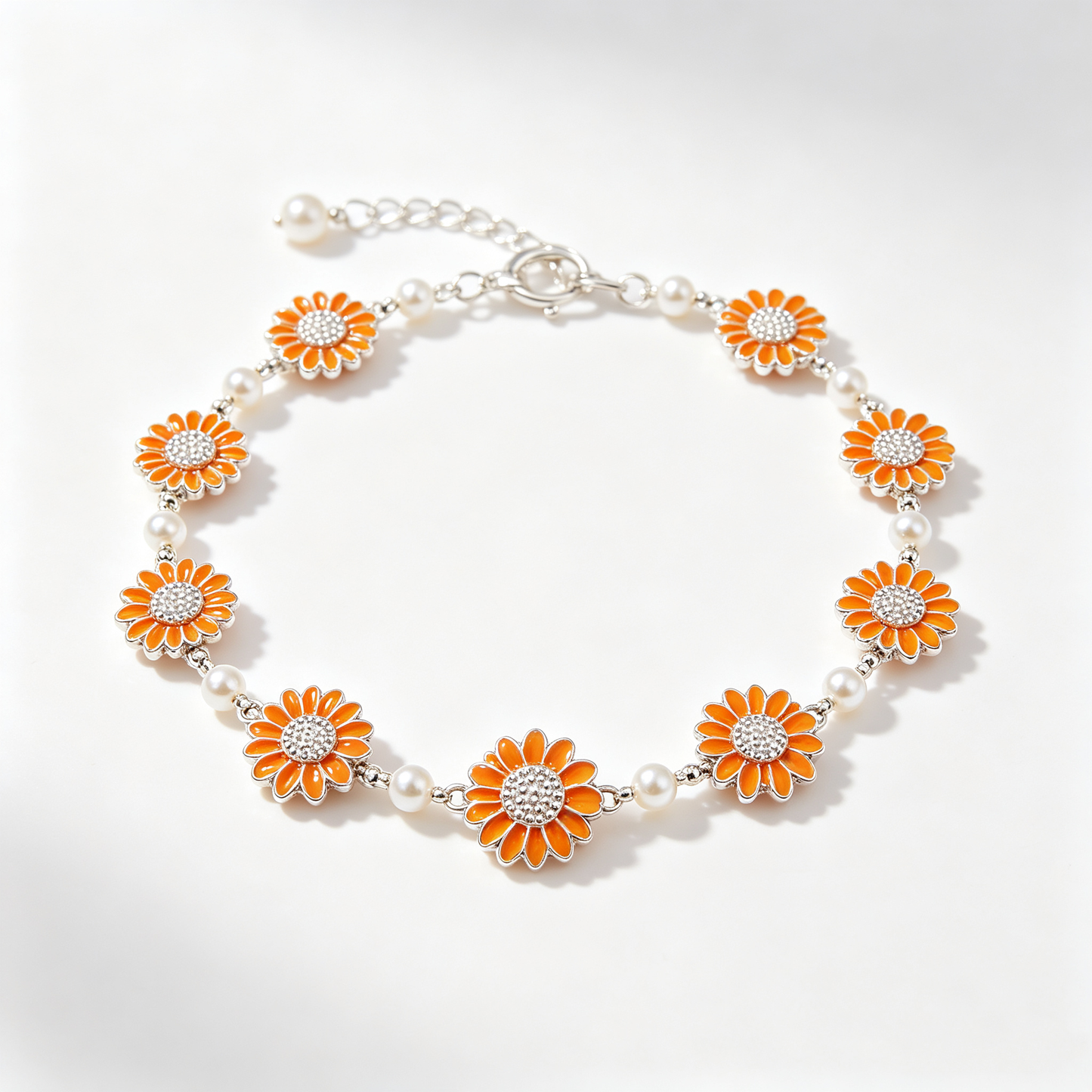 Orange Daisy Pearl Linked Bracelet