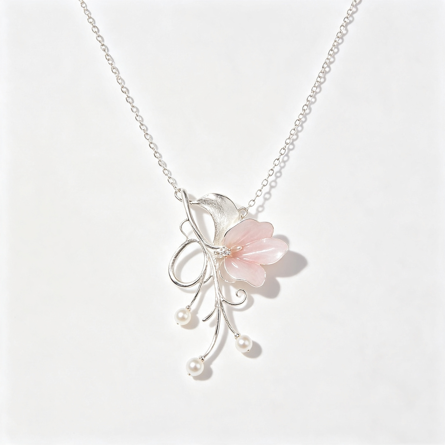 Pink Flower Branch Pearl Drop Pendant Necklace