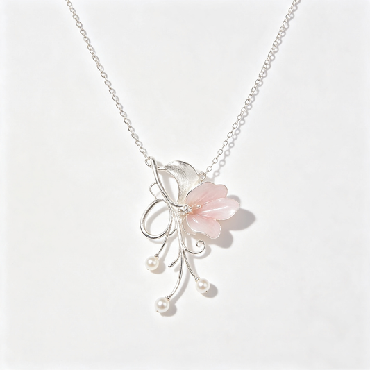 Pink Flower Branch Pearl Drop Pendant Necklace