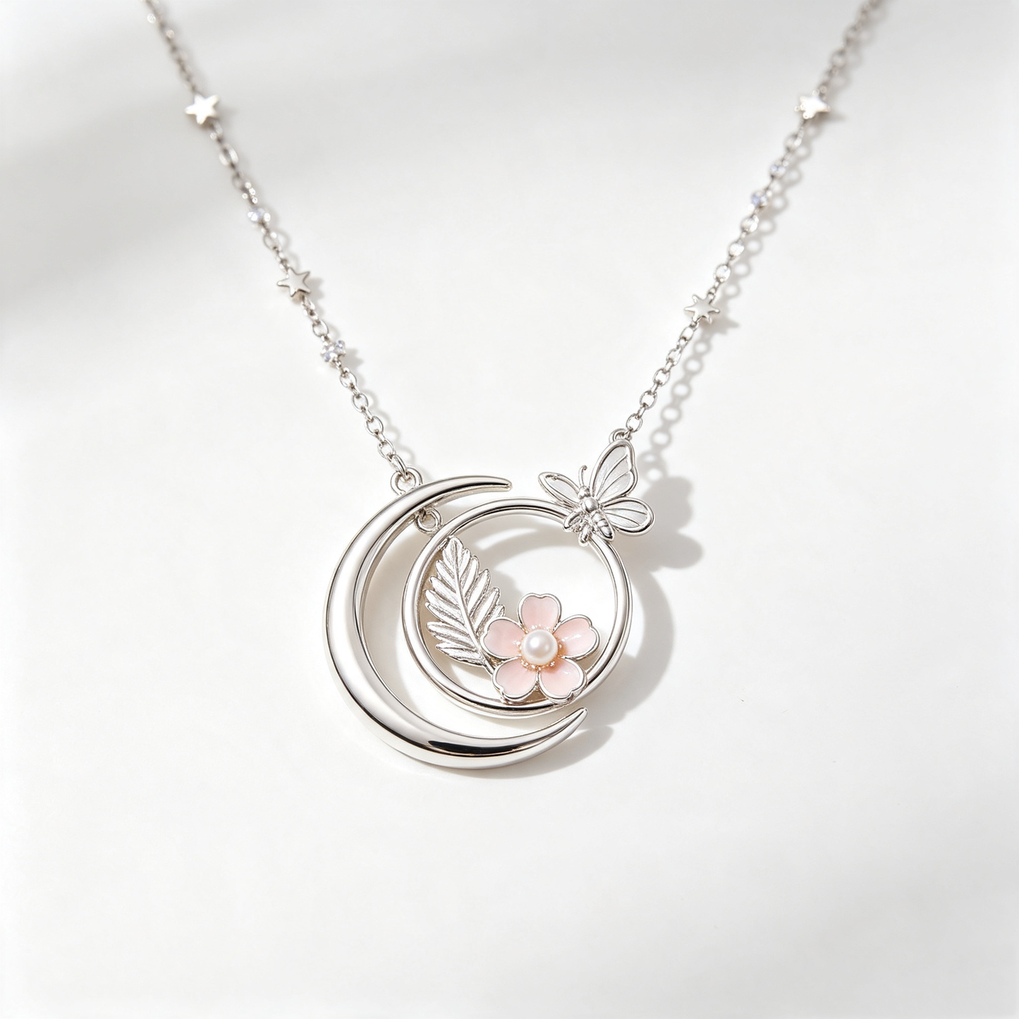 Moon Butterfly Floral Pearl Pendant Necklace