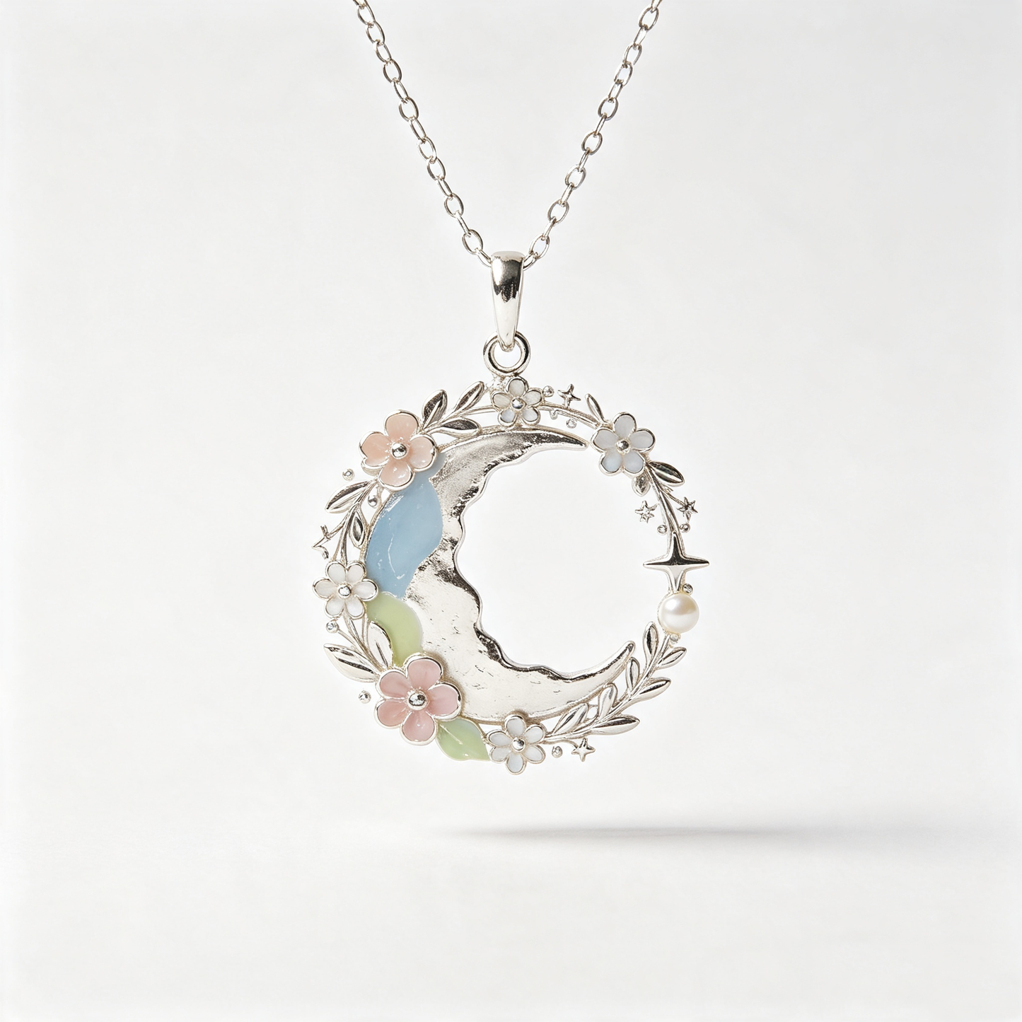 Floral Wreath Crescent Moon Pearl Necklace