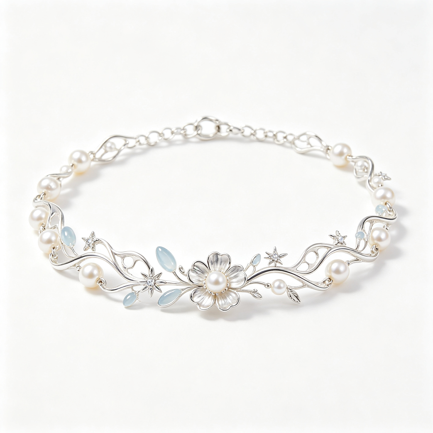 Twisted Vine Flower Blue Gem Star Pearl Bracelet