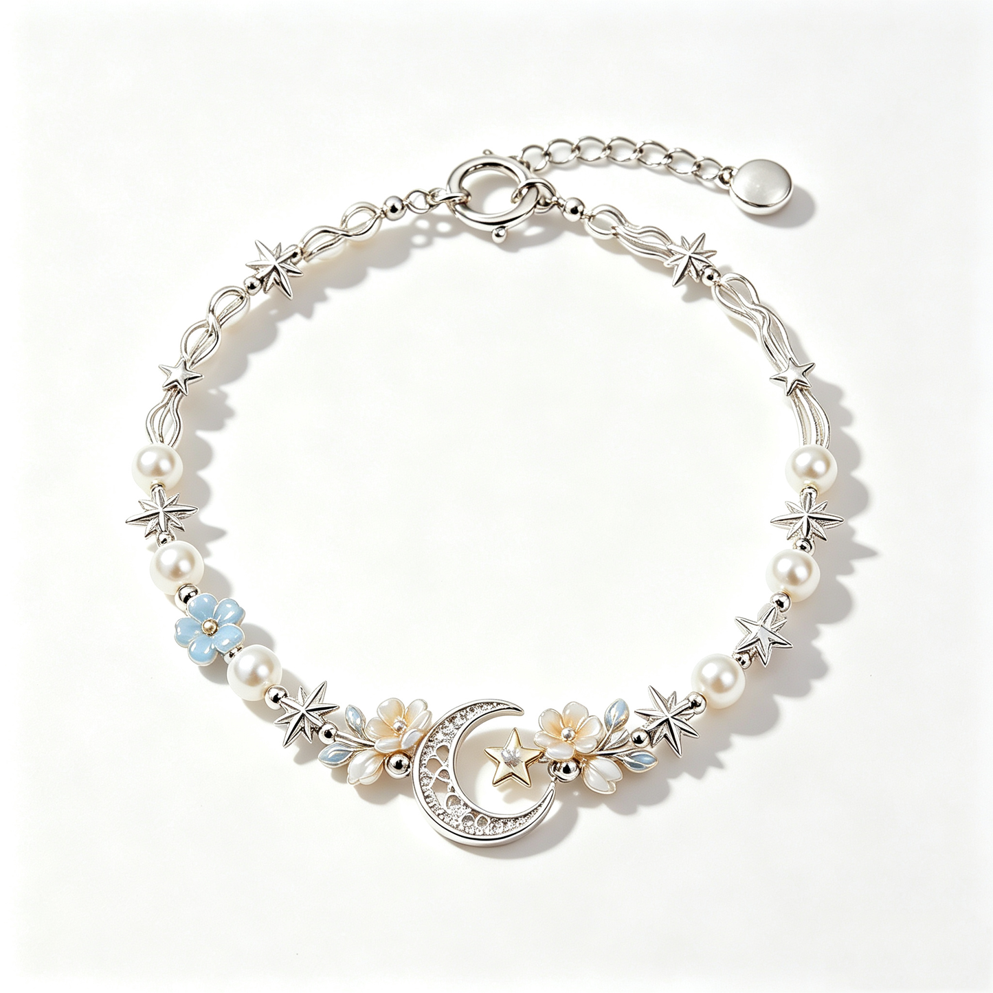 Carved Crescent Moon Star Pastel Flower Pearl Bracelet