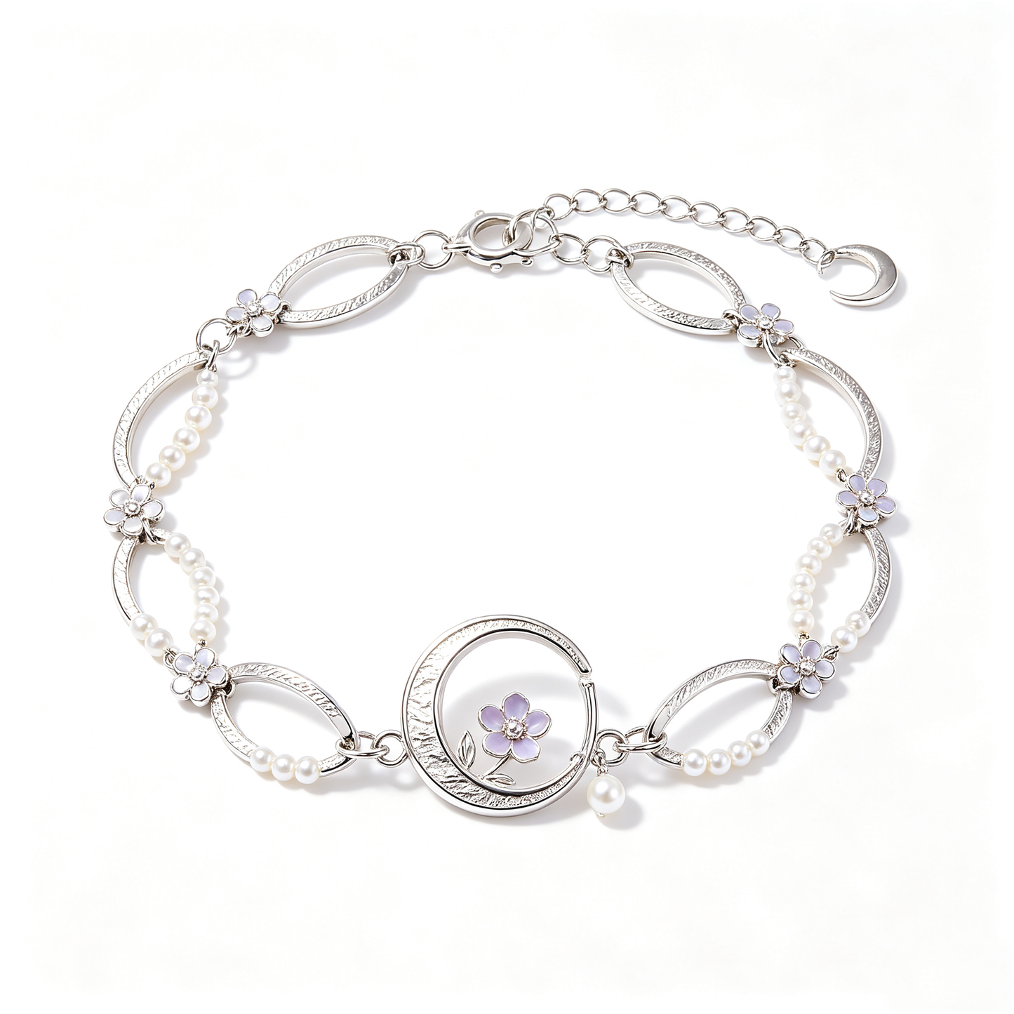 Moon Purple Flower Pearl Link Bracelet