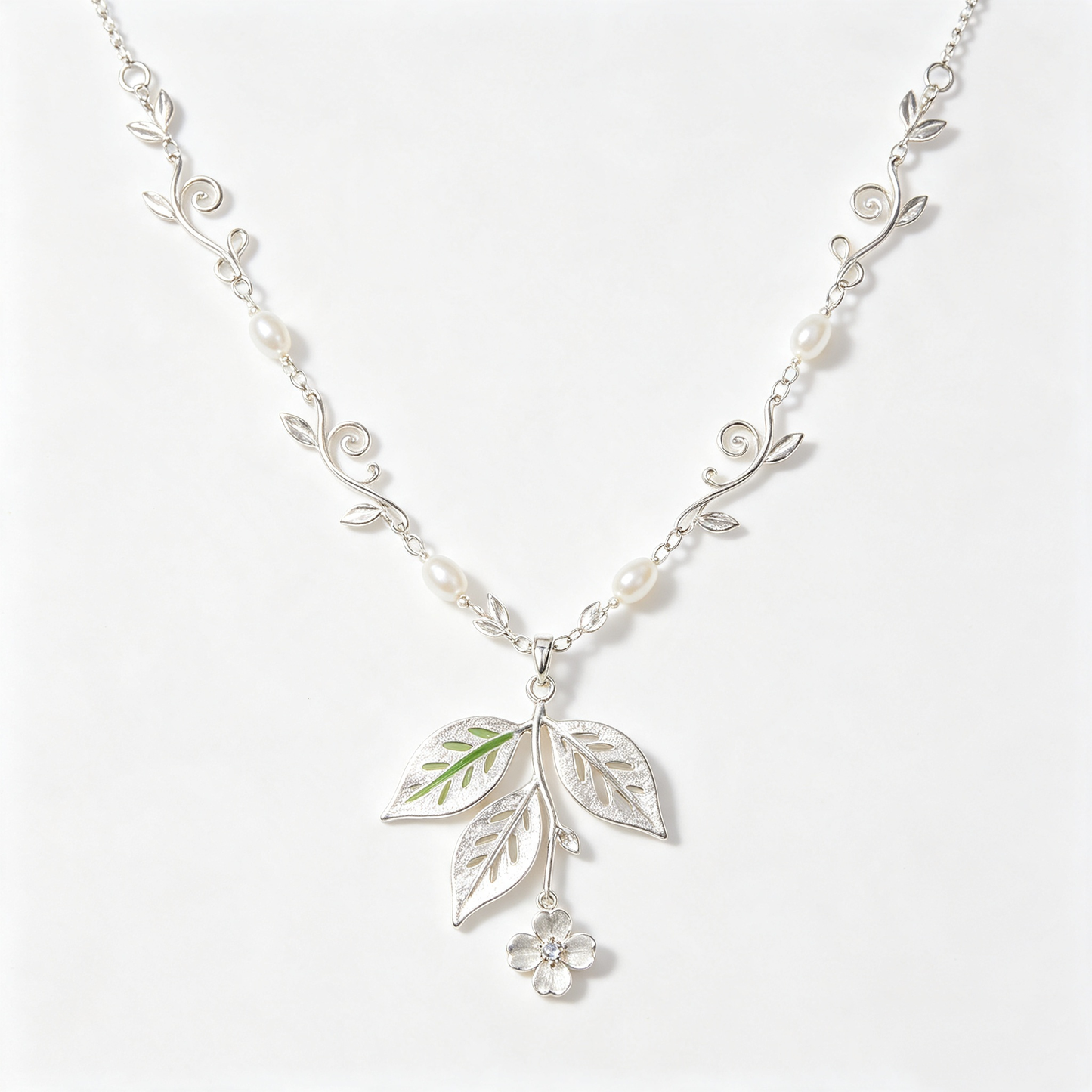 Twisted Vine Leaf And Flower Pearl Necklace