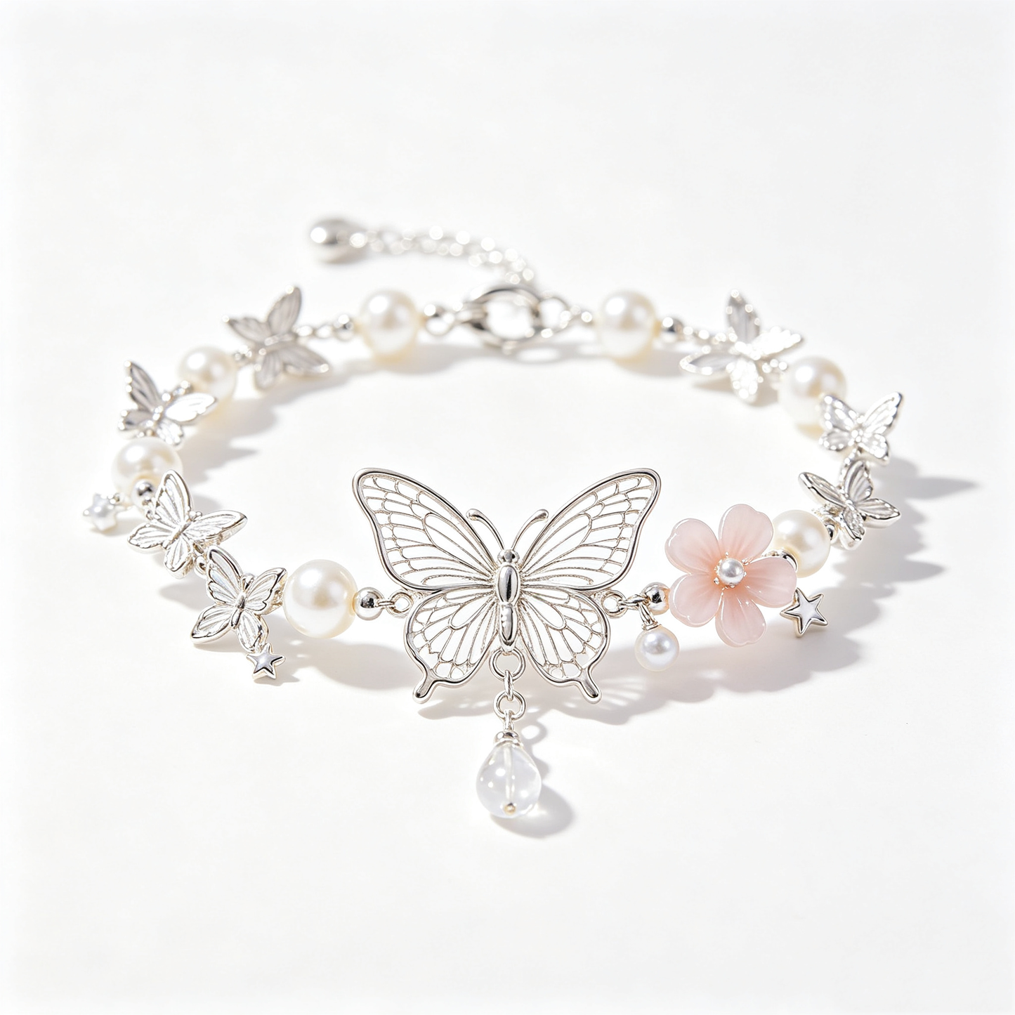 Filigree Butterfly Pink Flower Pearl Bracelet