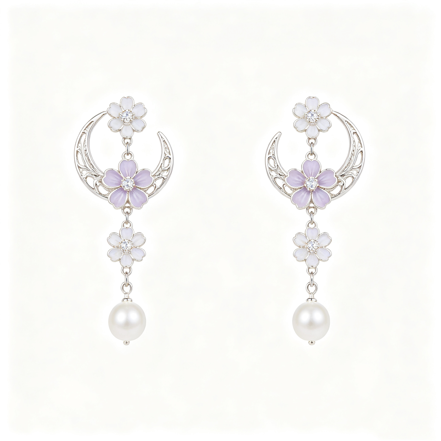 Lavender Floral Crescent Moon Pearl Drop Earrings