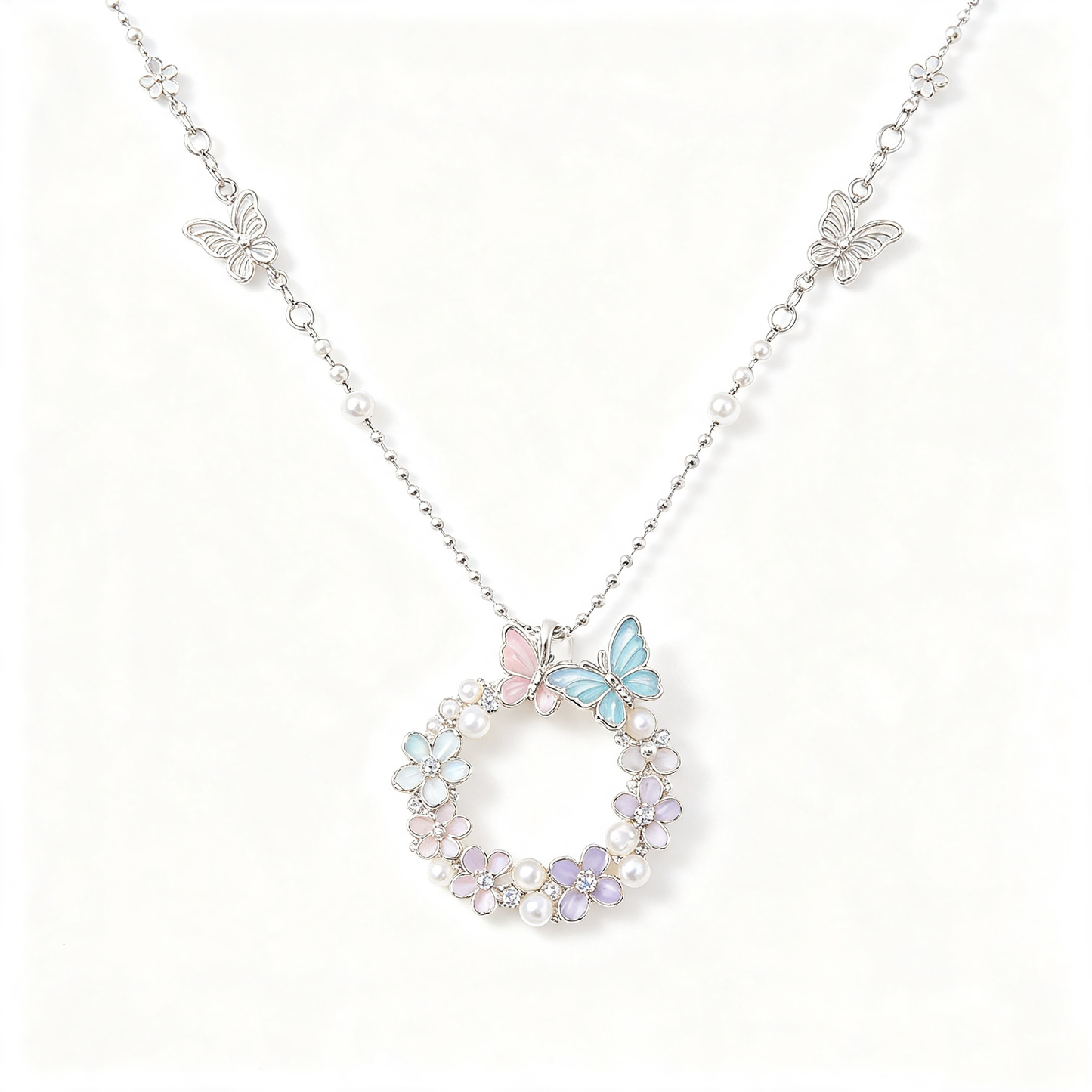 Butterfly Floral Wreath Pearl Circle Necklace