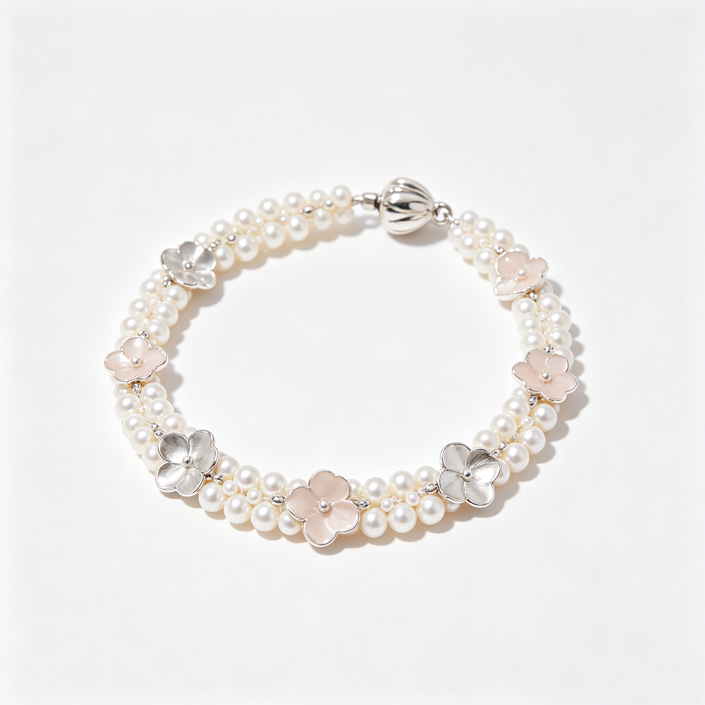 Double Strand Pink Flower Pearl Magnetic Bracelet
