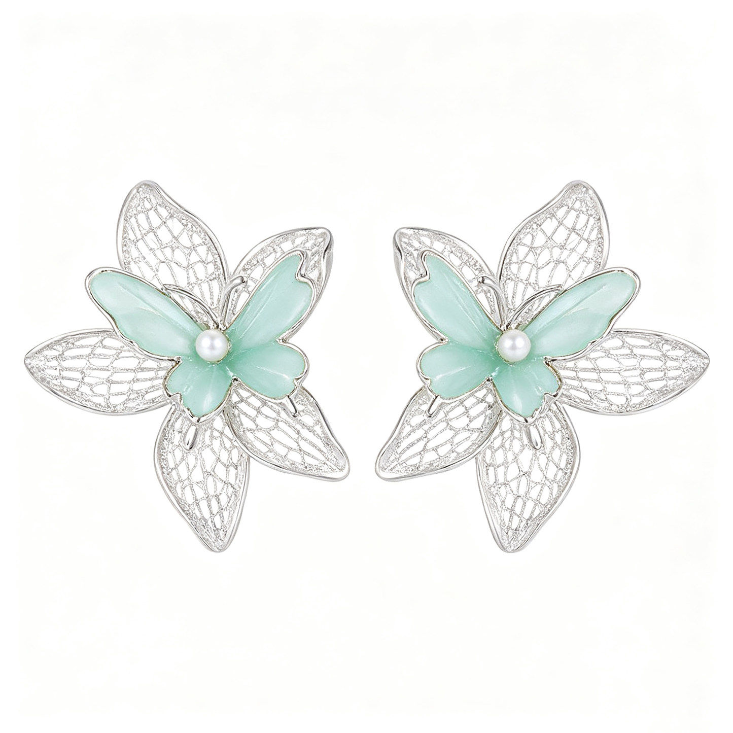 Mint Orchid Butterfly Pearl Stud Earrings