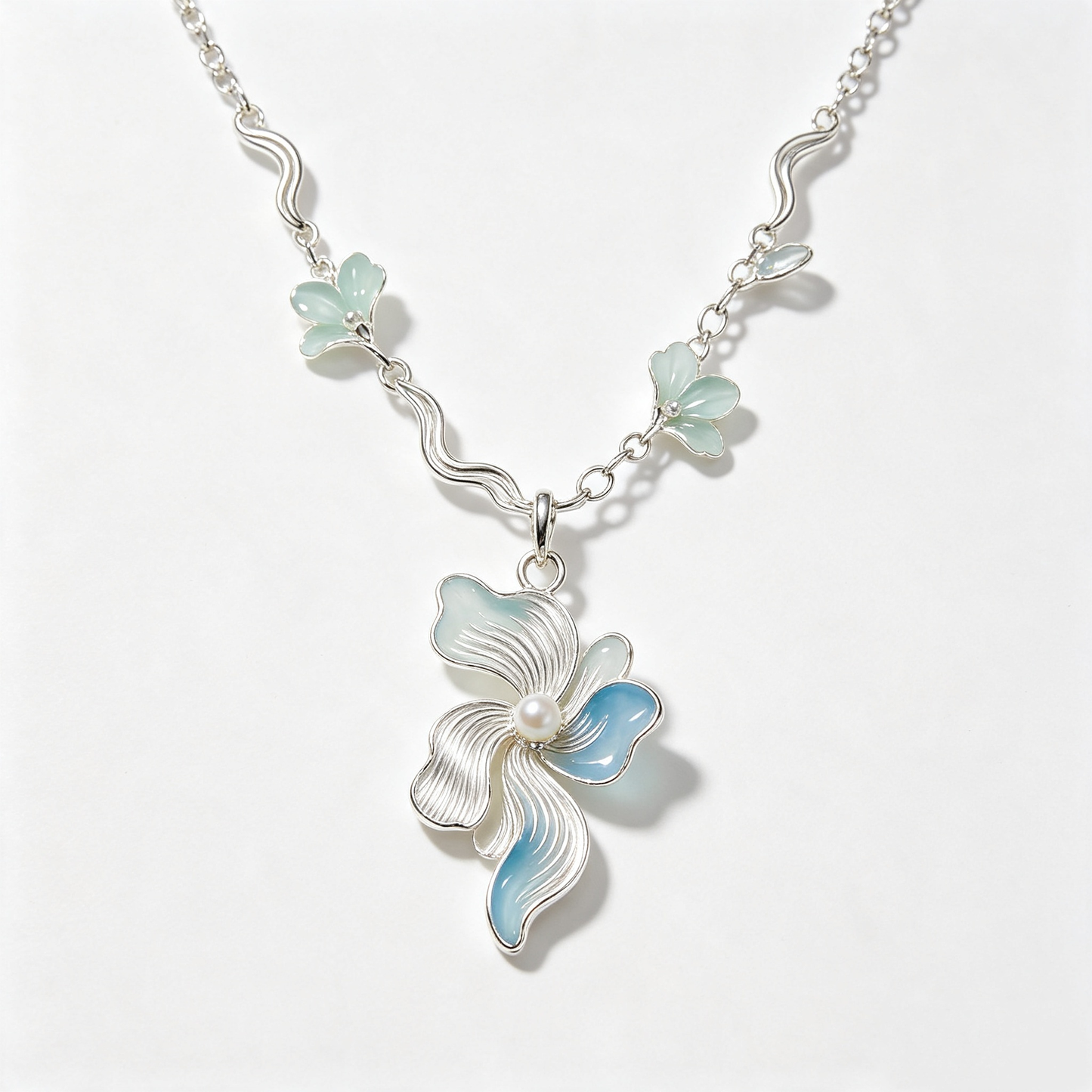 Gradient Enamel Iris Flower Pearl Pendant Necklace