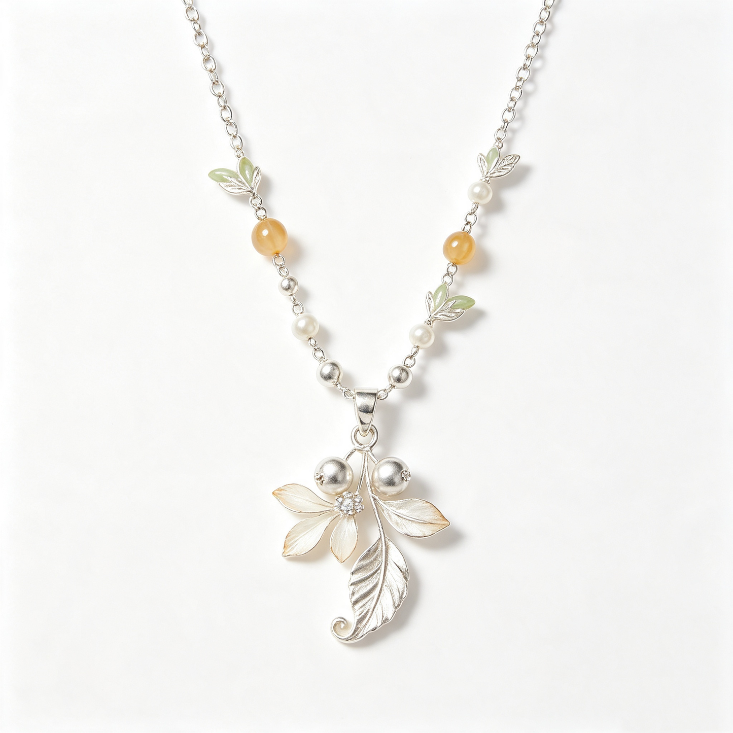 Berry Leaf Floral Charm Beaded Silver Necklace