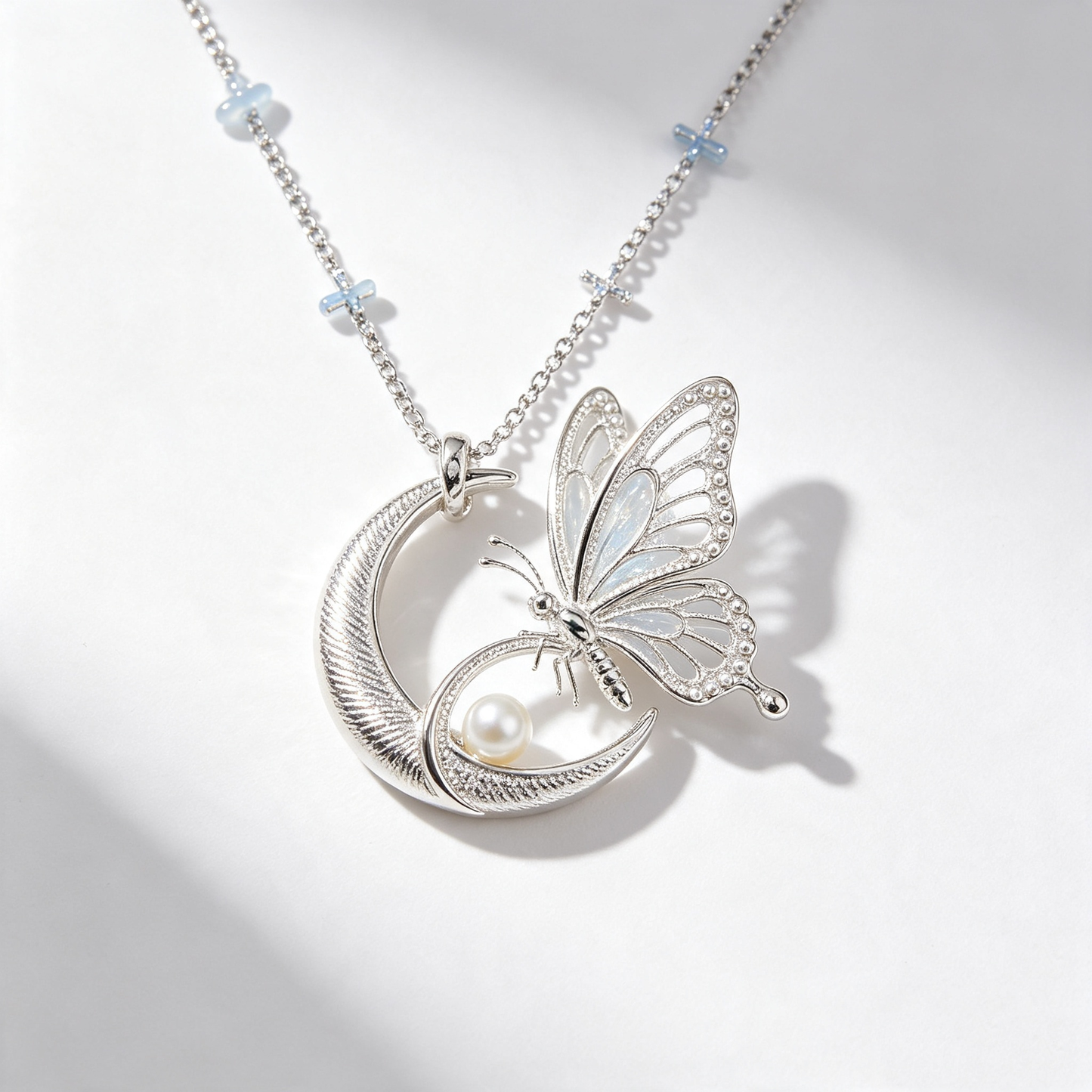 Moon Butterfly Pearl Pendant Necklace