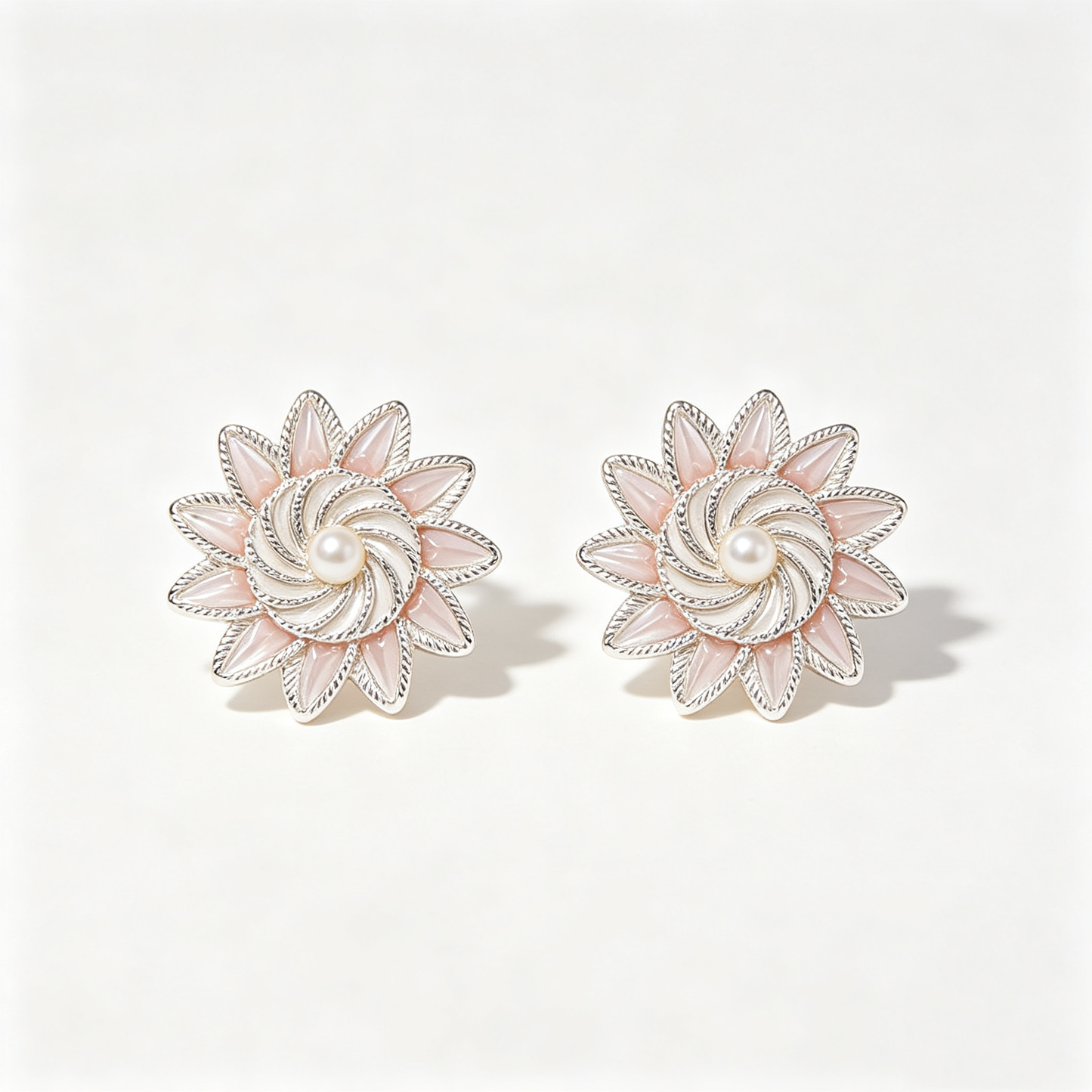 Pink Spiral Flower Pearl Center Stud Earrings