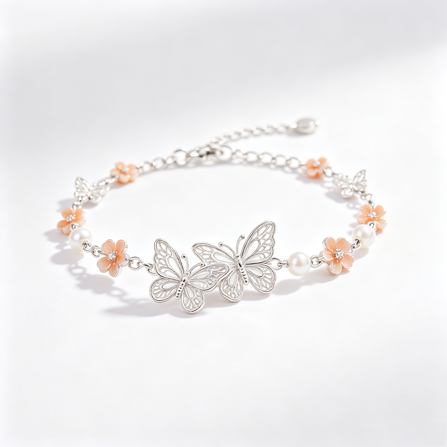 Dual Filigree Butterfly Peach Flower Pearl Bracelet