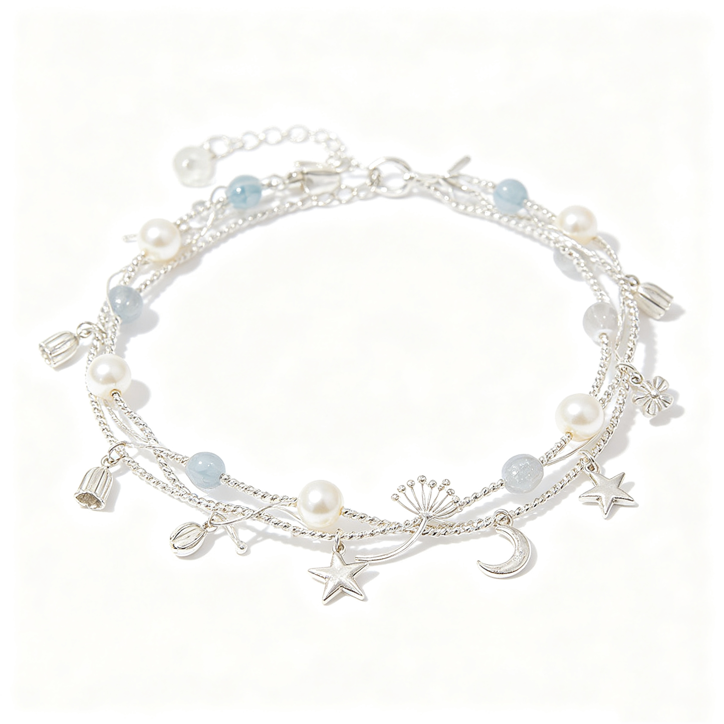 Multi‑Layer Star Moon Dandelion Pearl Charm Bracelet