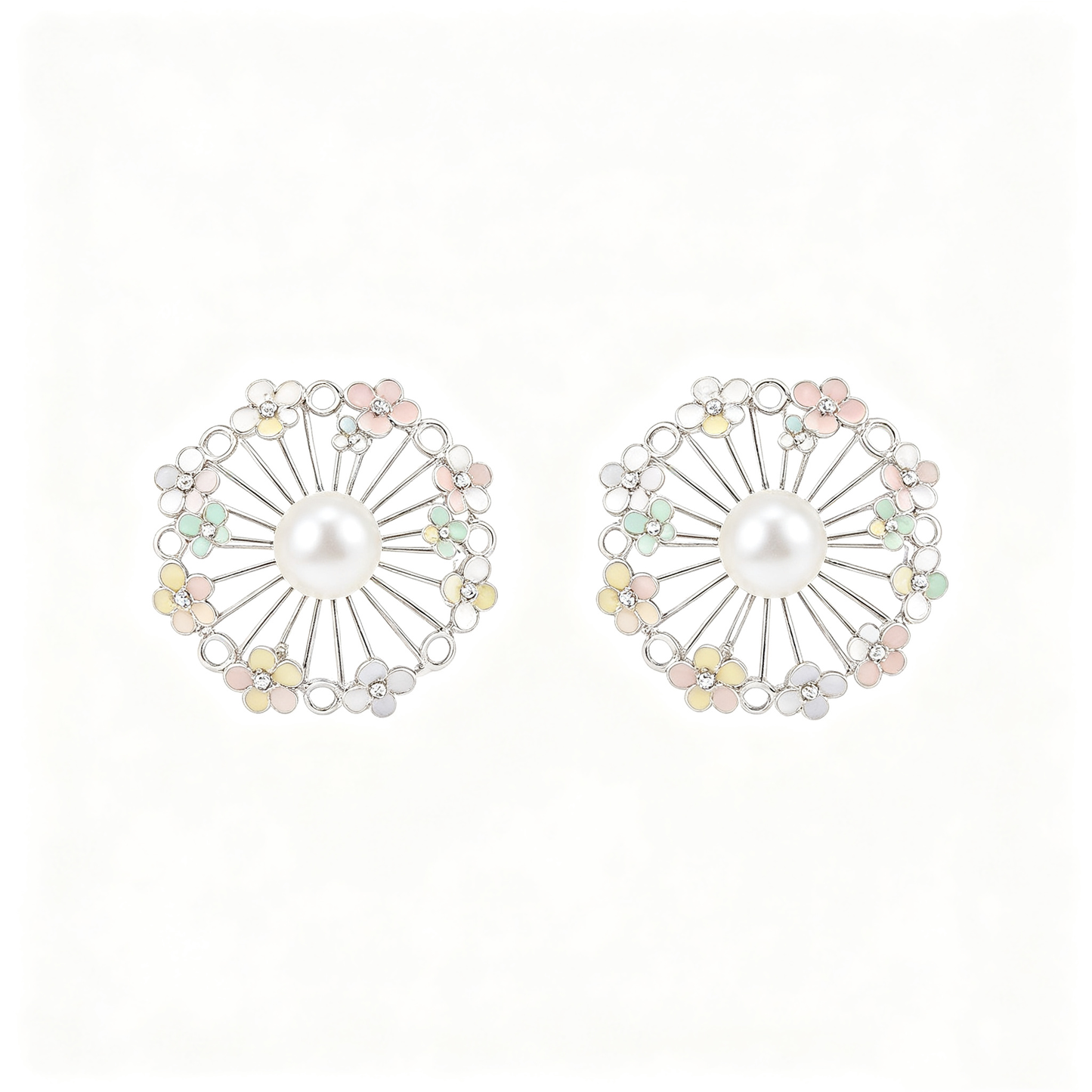 Pastel Macaron Floral Open Frame Pearl Stud Earrings