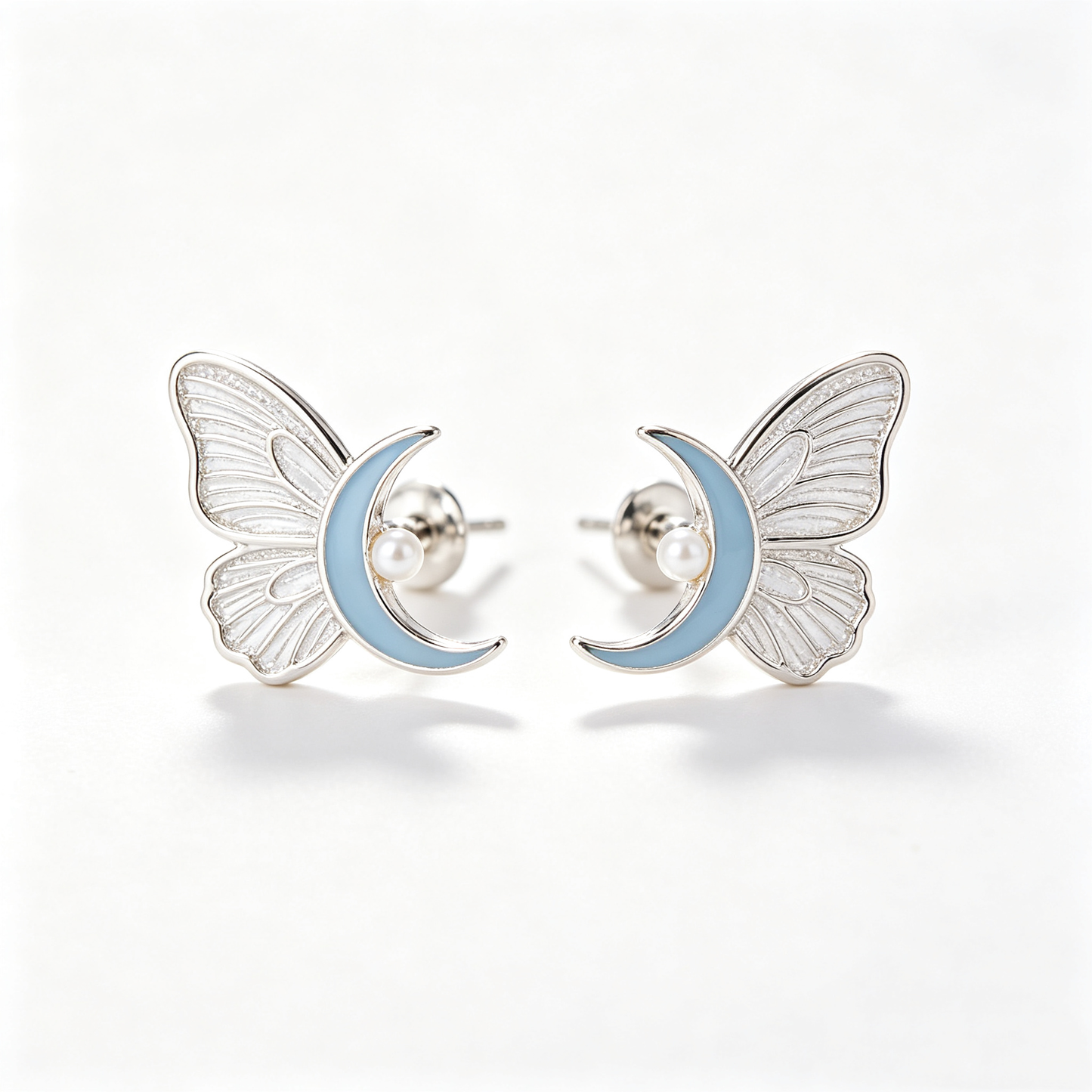 Butterfly Blue Crescent Moon Pearl Stud Earrings