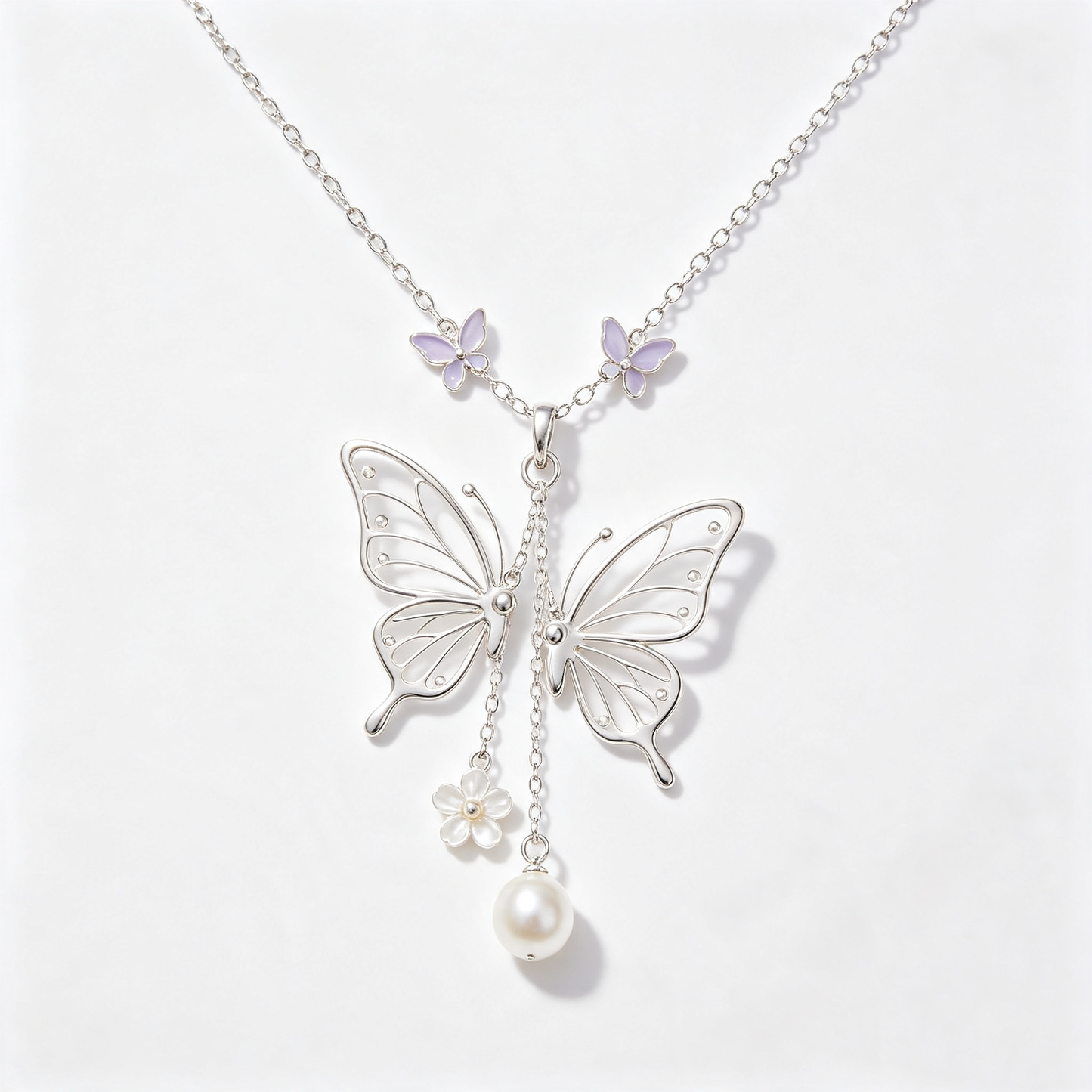 Dual Butterfly Purple Enamel Pearl Necklace