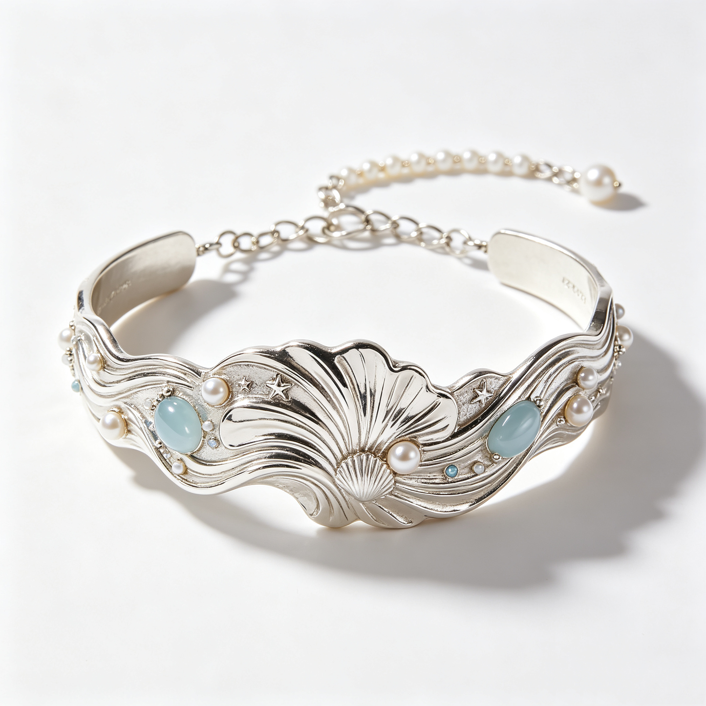 Silver Seashell Wave Bangle With Aquamarine Gem And Pearls