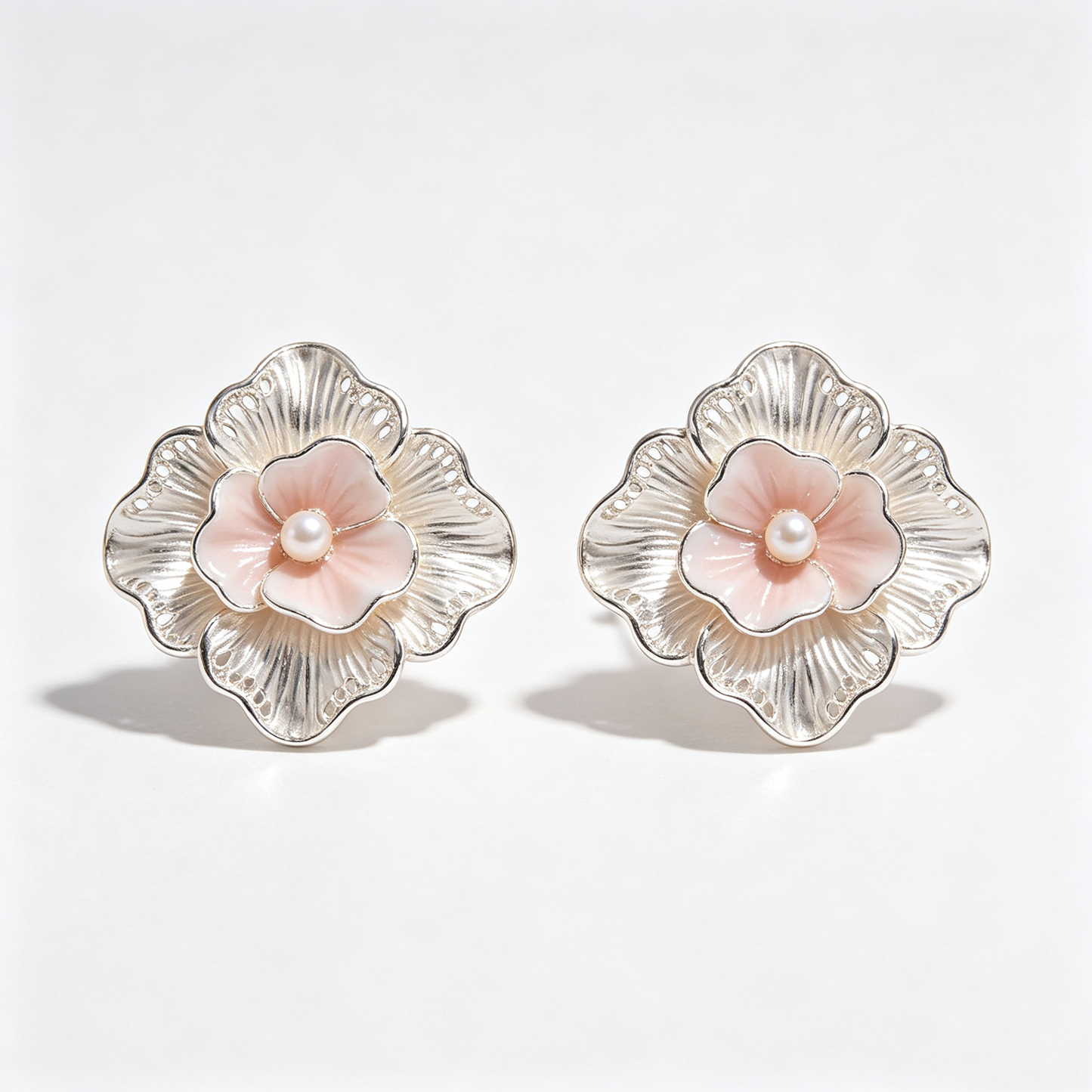 Layered Pink Floral Pearl Center Stud Earrings