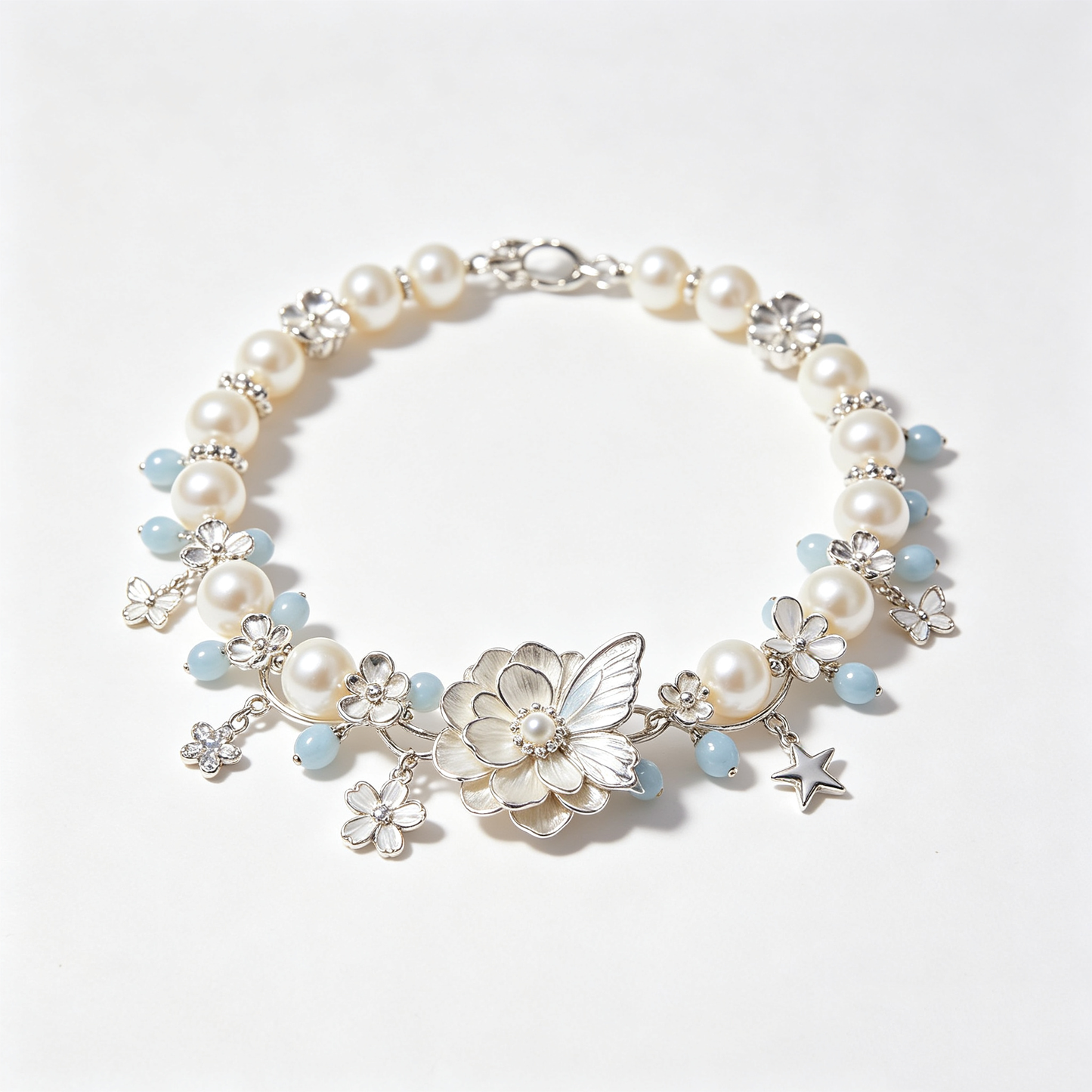 Layered Floral Butterfly Star Blue Bead Charm Bracelet