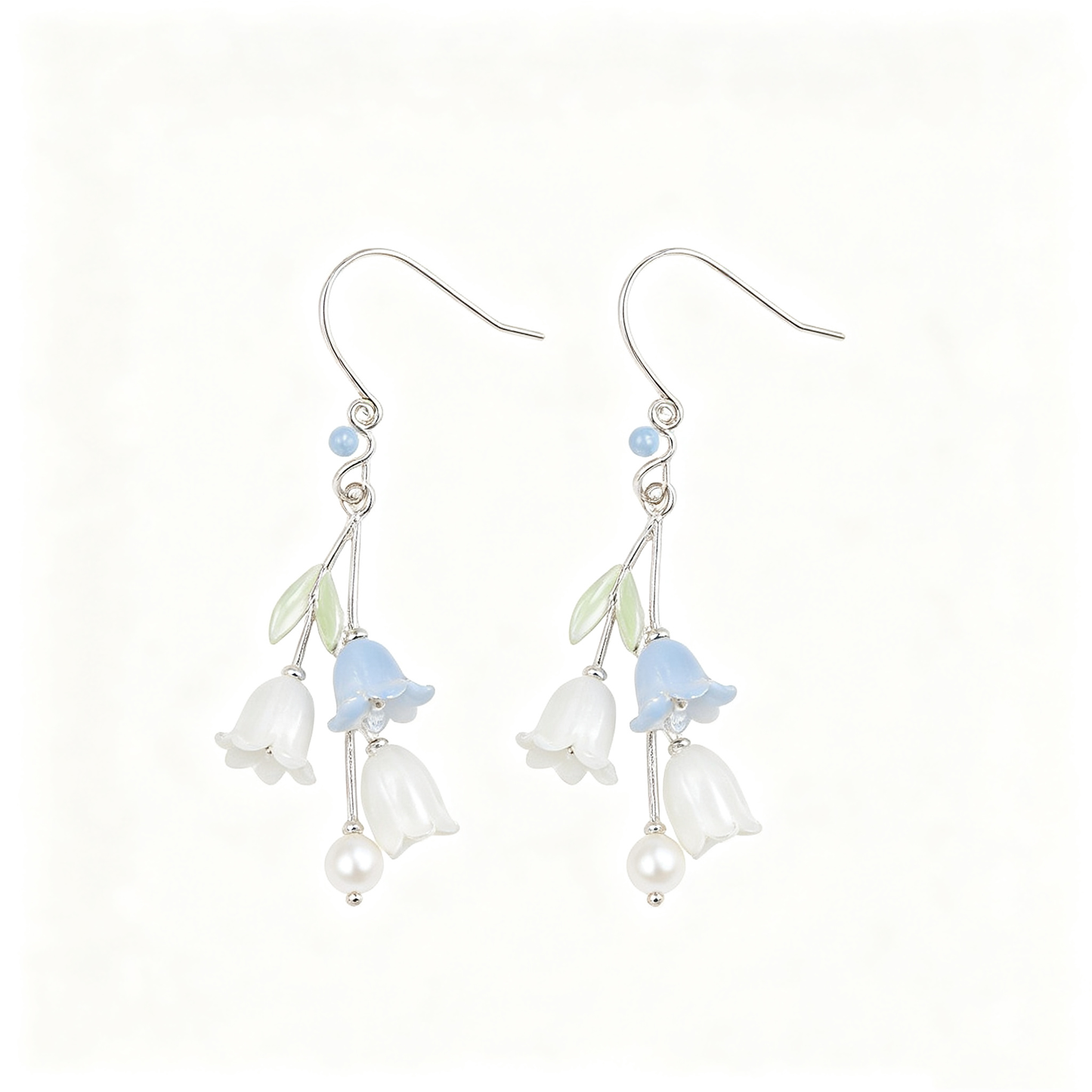 Blue White Bellflower Pearl Drop Earrings