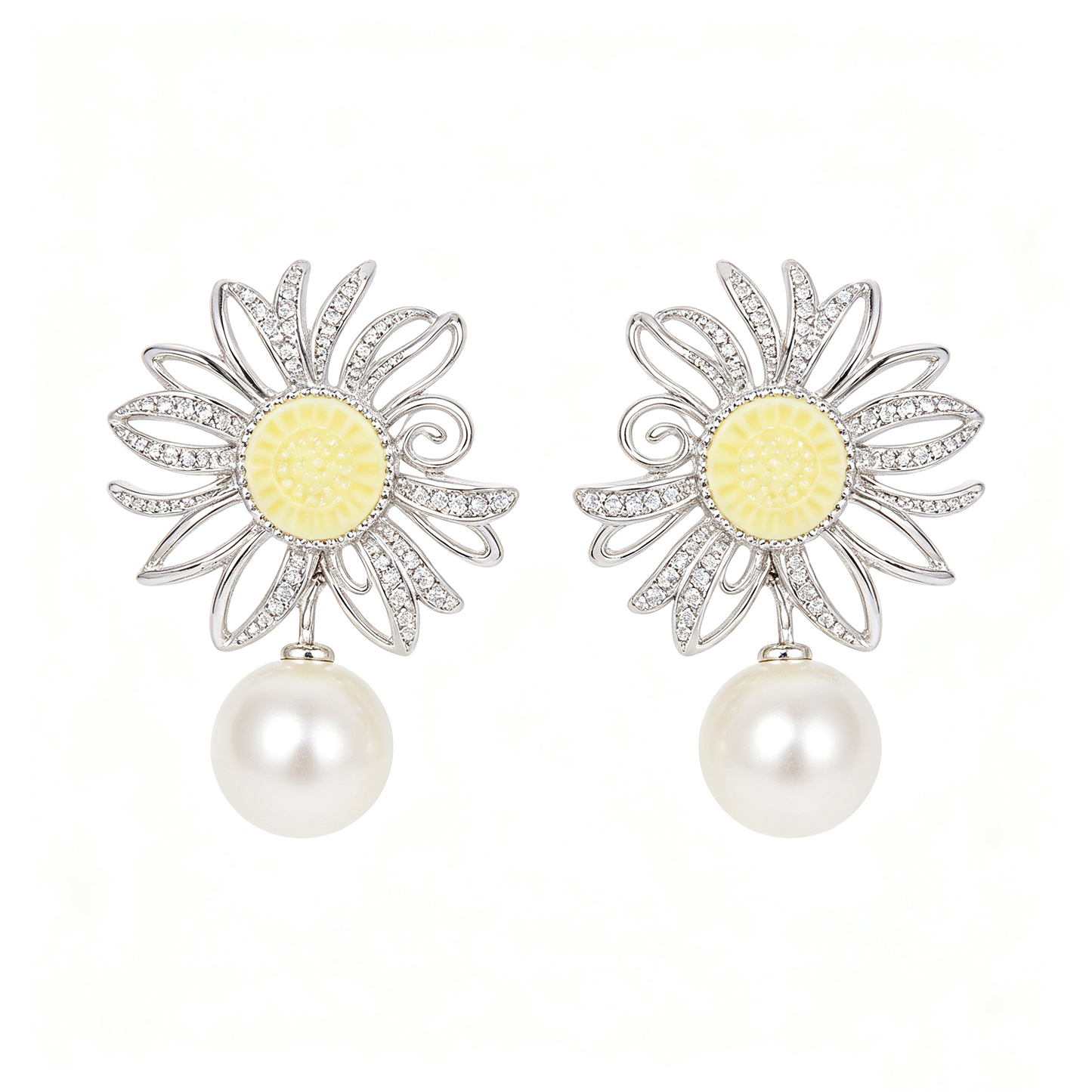 Sunflower Crystal Frame Pearl Drop Earrings