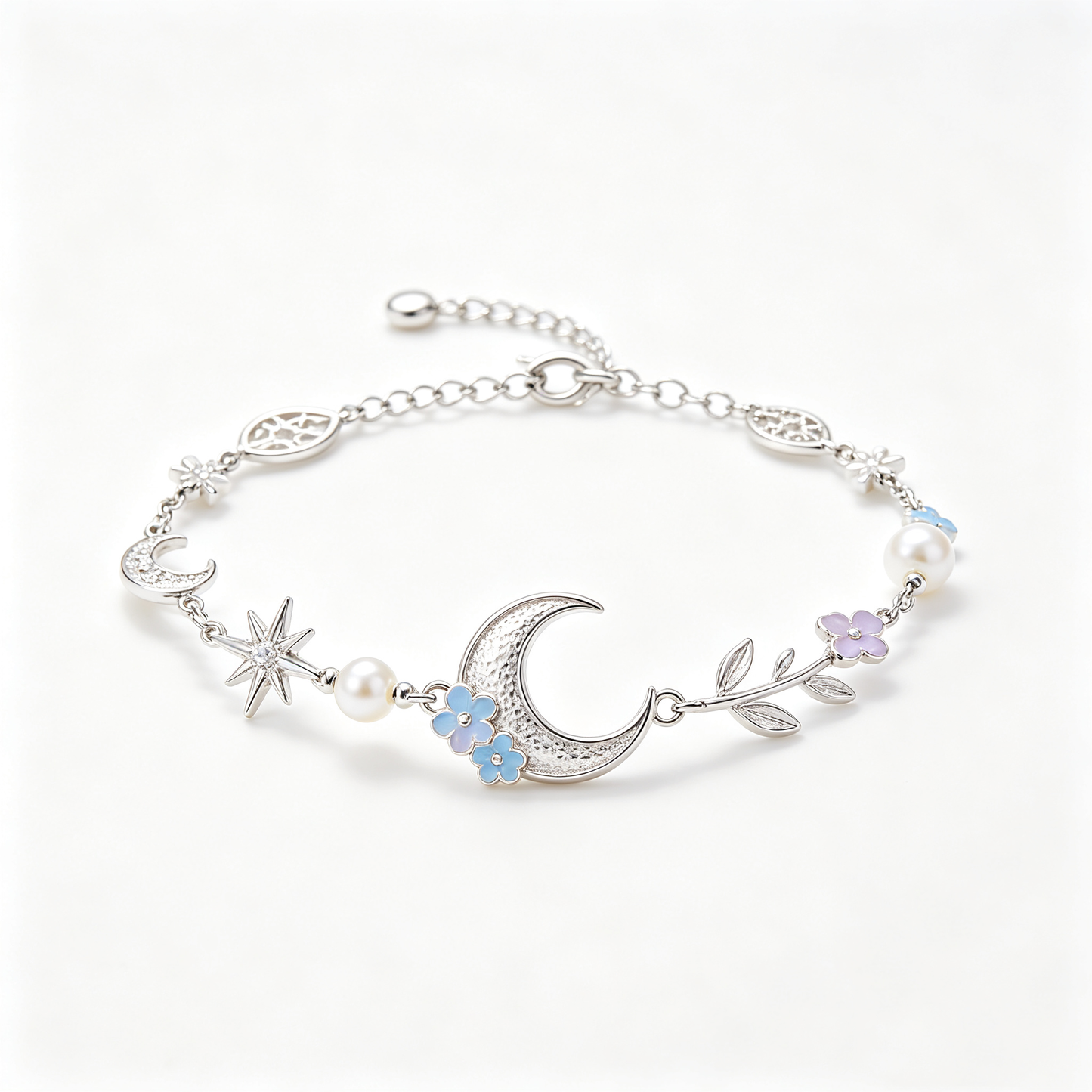 Crescent Moon Star Flower Leaf Pearl Bracelet