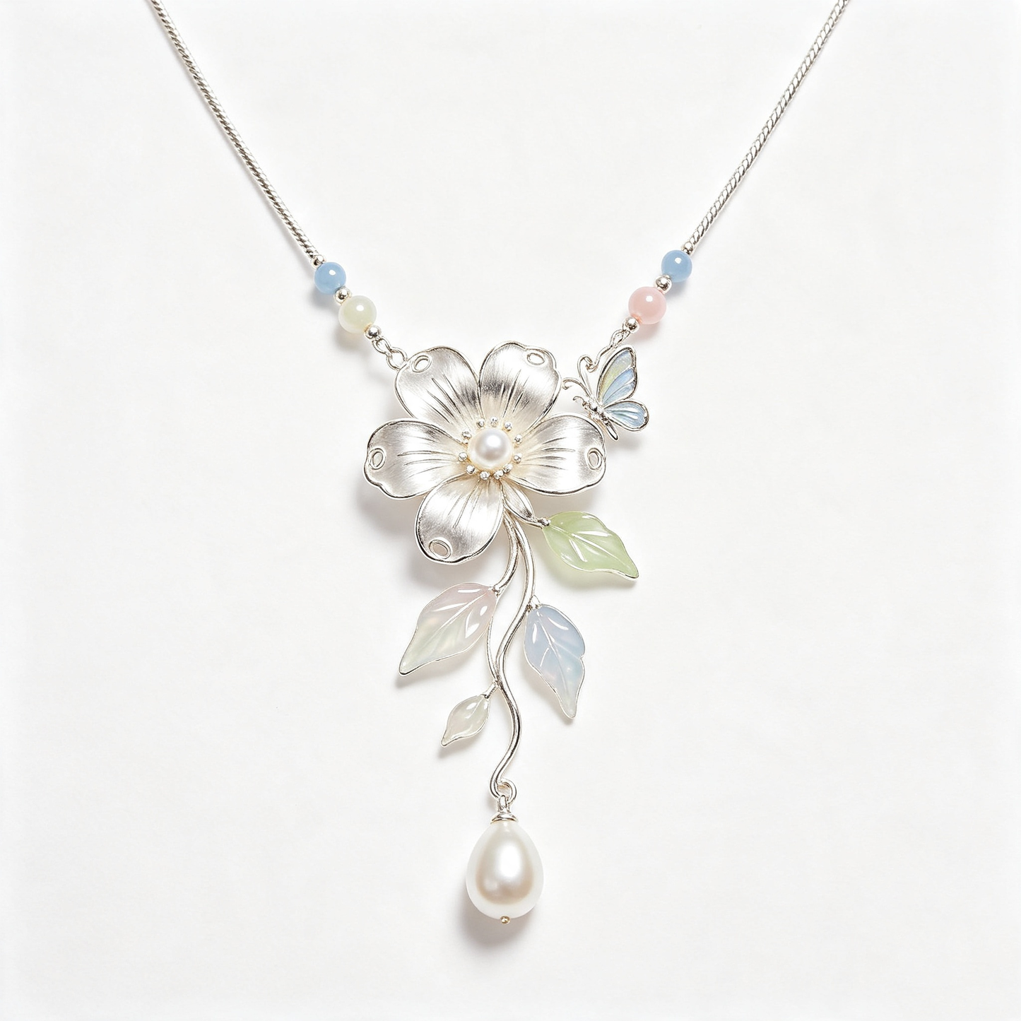 Floral Butterfly Multi-Stone Pearl Necklace