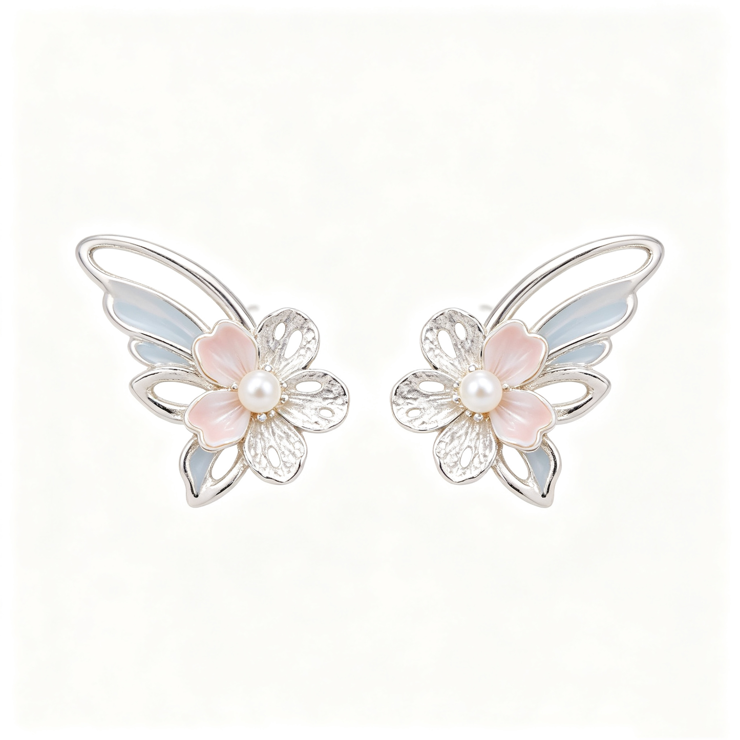 Butterfly Wing Pink Flower Pearl Stud Earrings