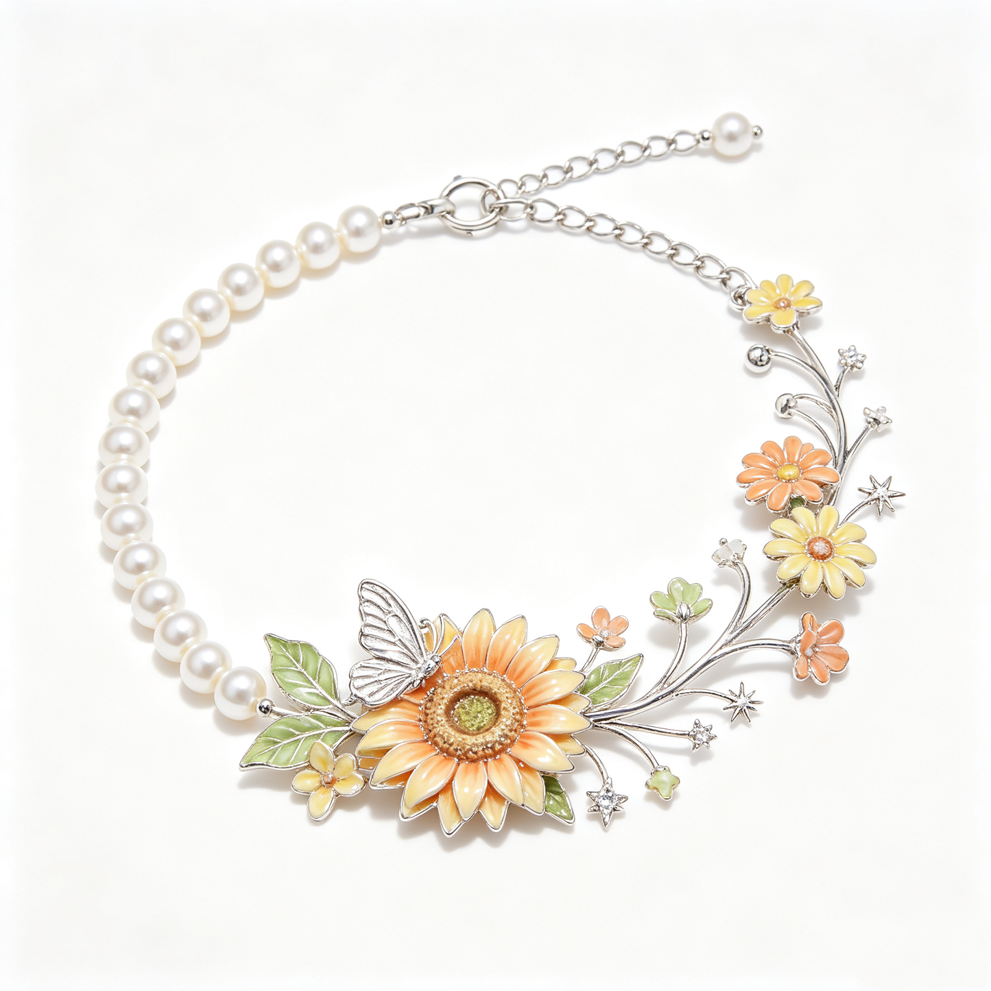 Sunflower Butterfly Branch Pearl Collar Bracelet