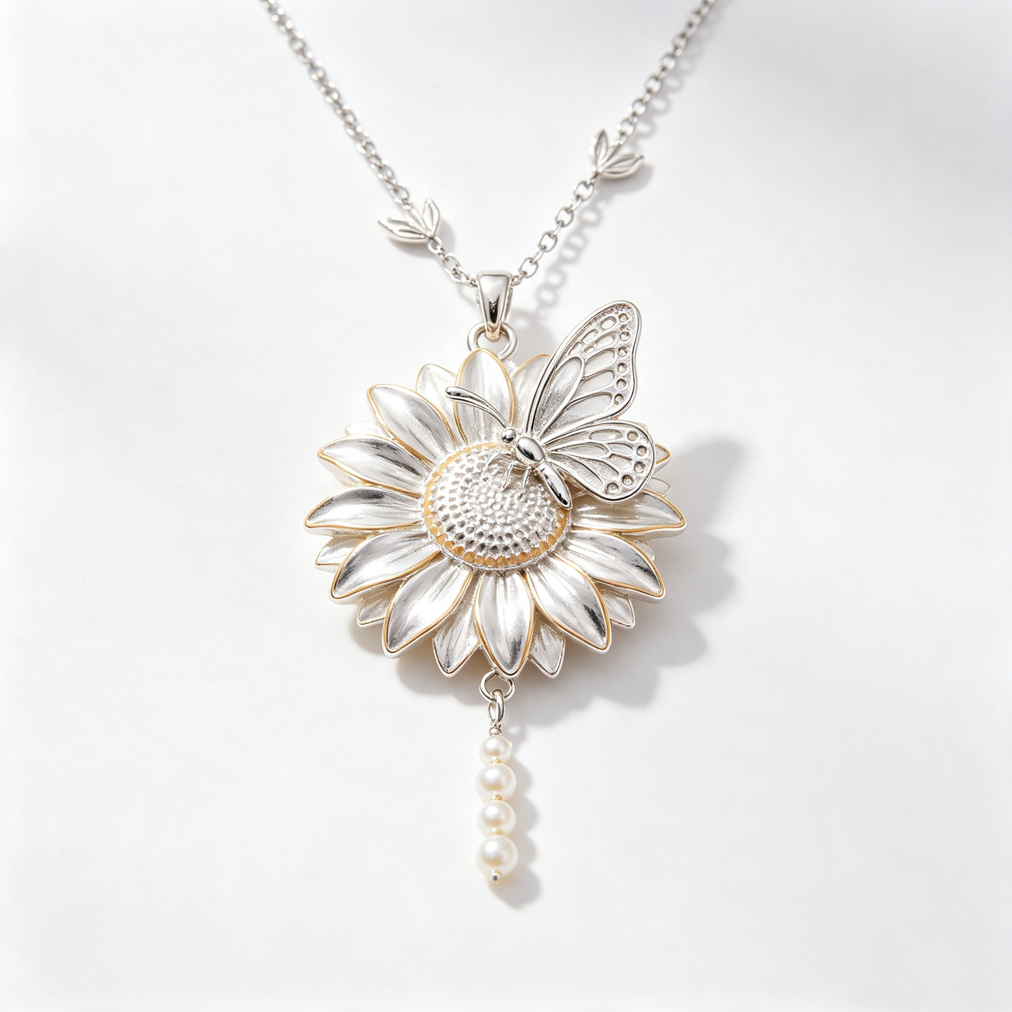 Daisy Butterfly Pearl Strand Pendant Necklace