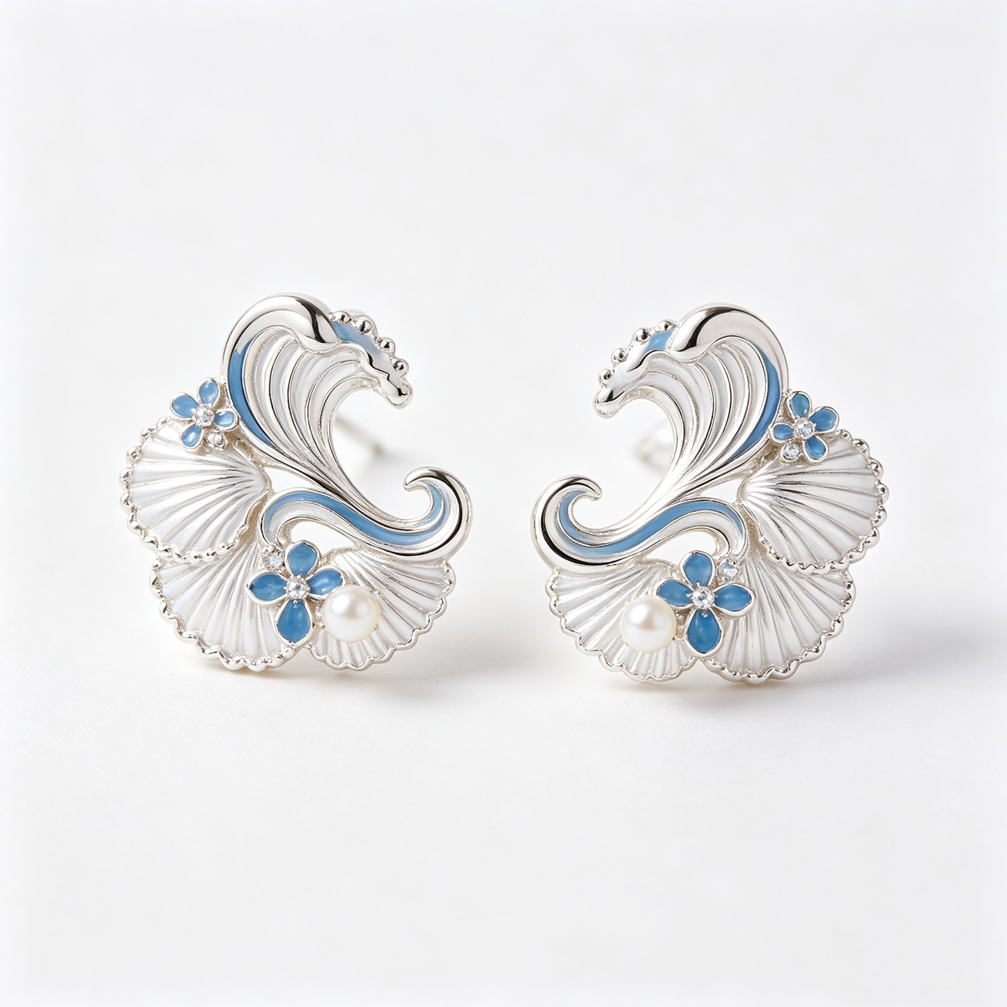 Ocean Wave Ginkgo Pearl Stud Earrings