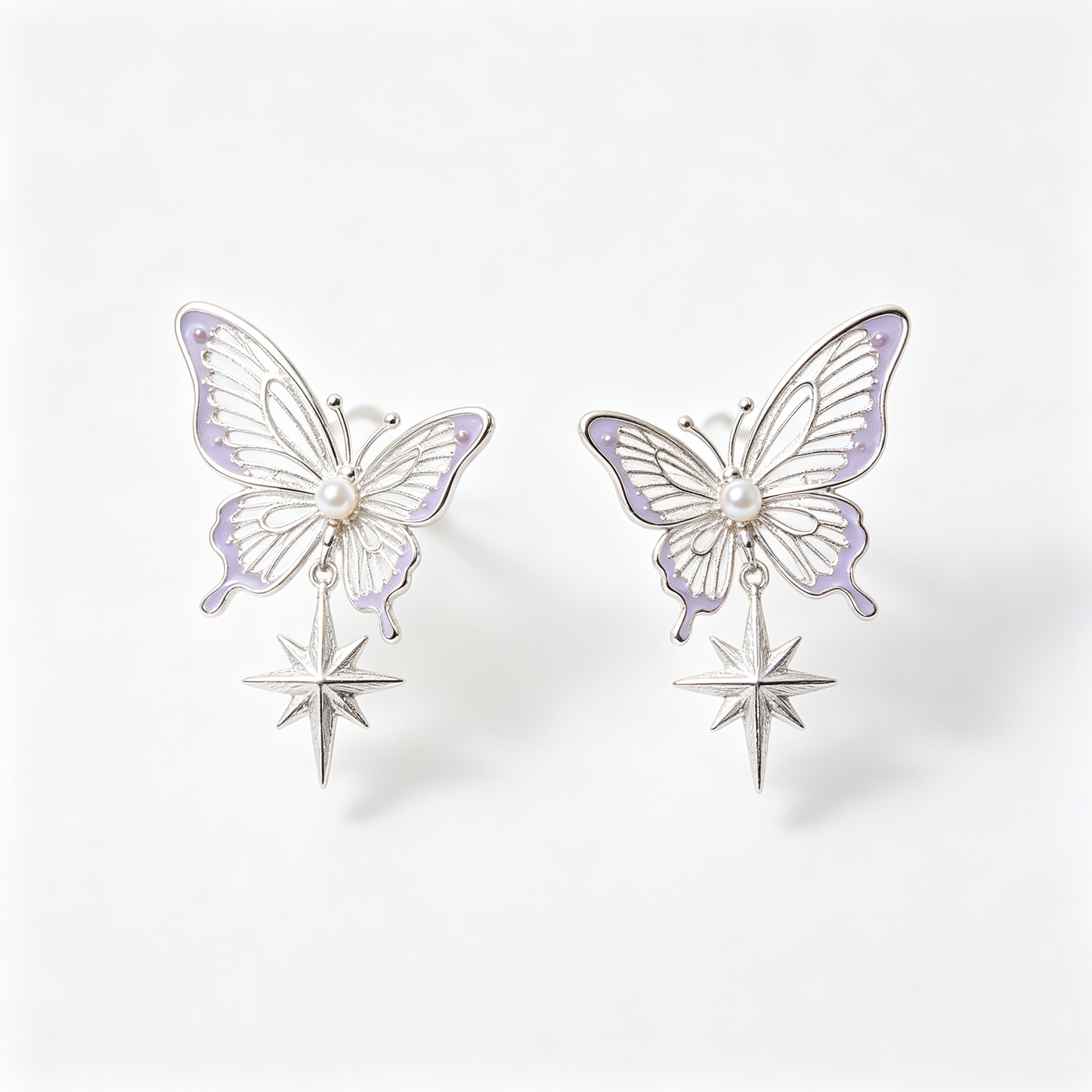 Lavender Enamel Butterfly Star Drop Pearl Earrings