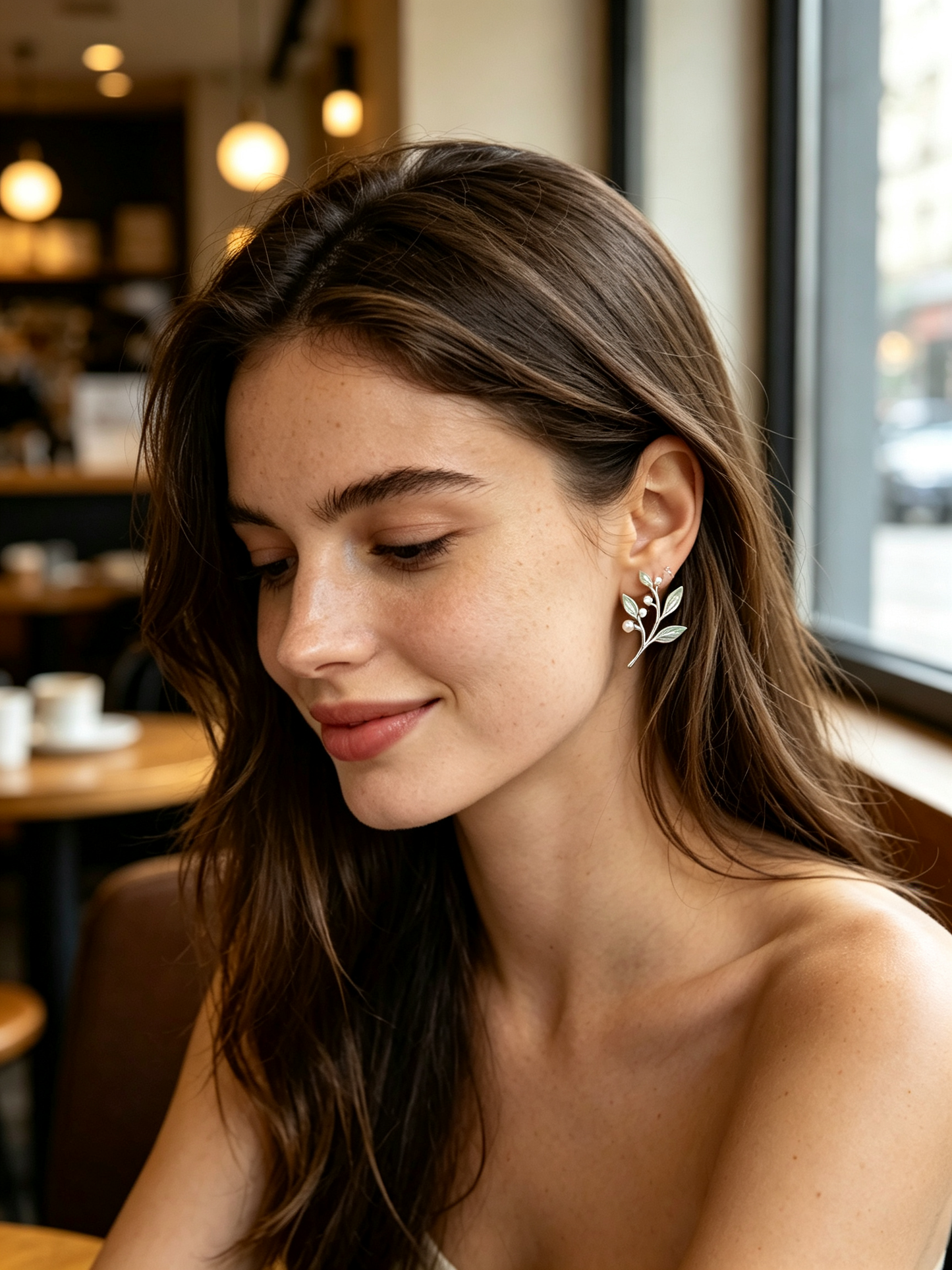 Green Leaf Branch Pearl Stud Earrings