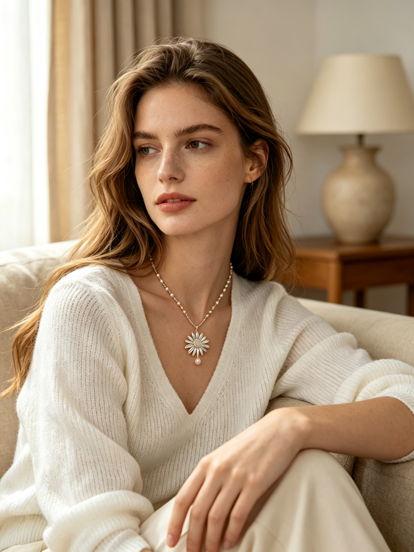 Large Daisy Pearl Drop Pendant Necklace