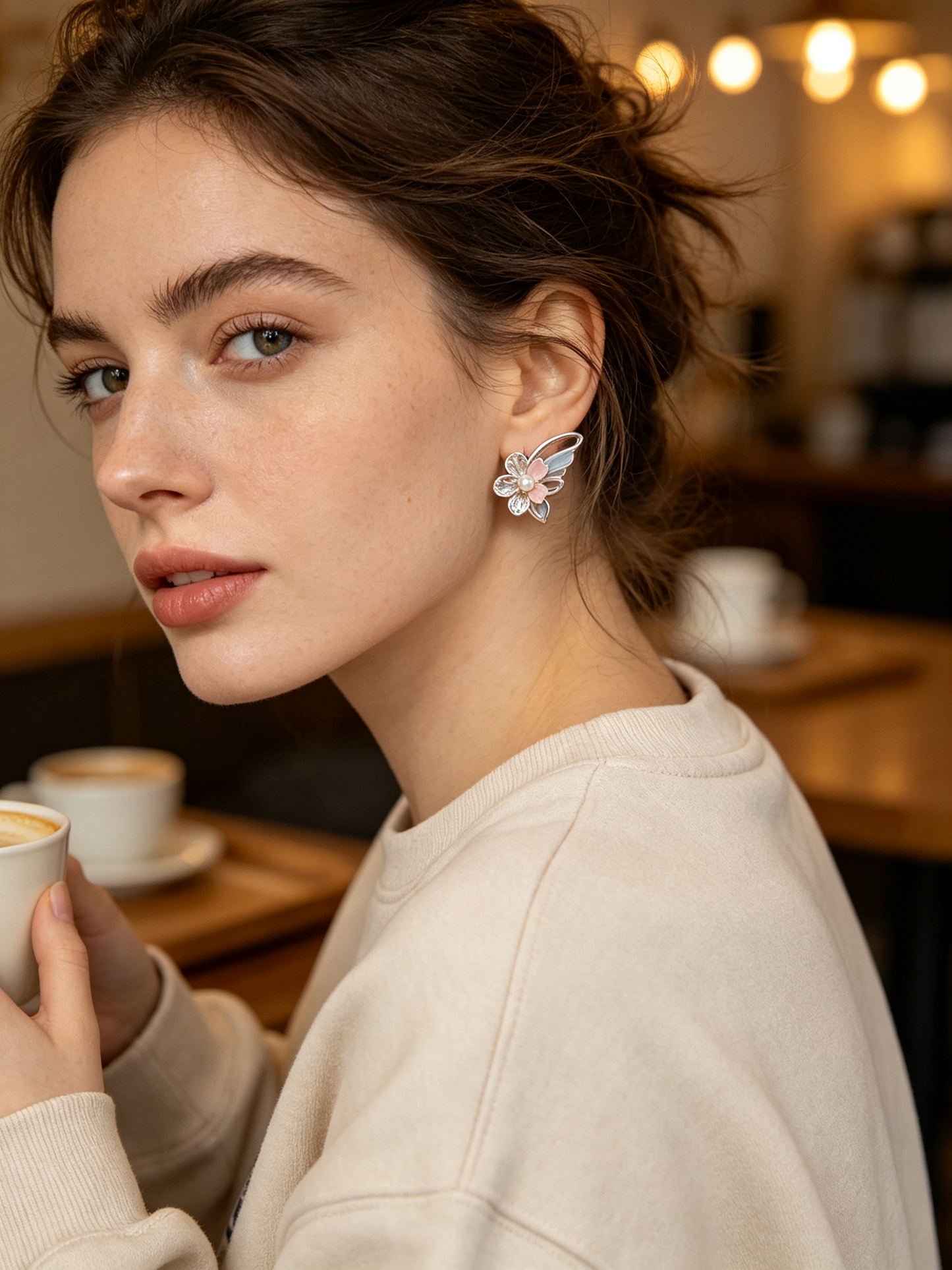 Butterfly Wing Pink Flower Pearl Stud Earrings