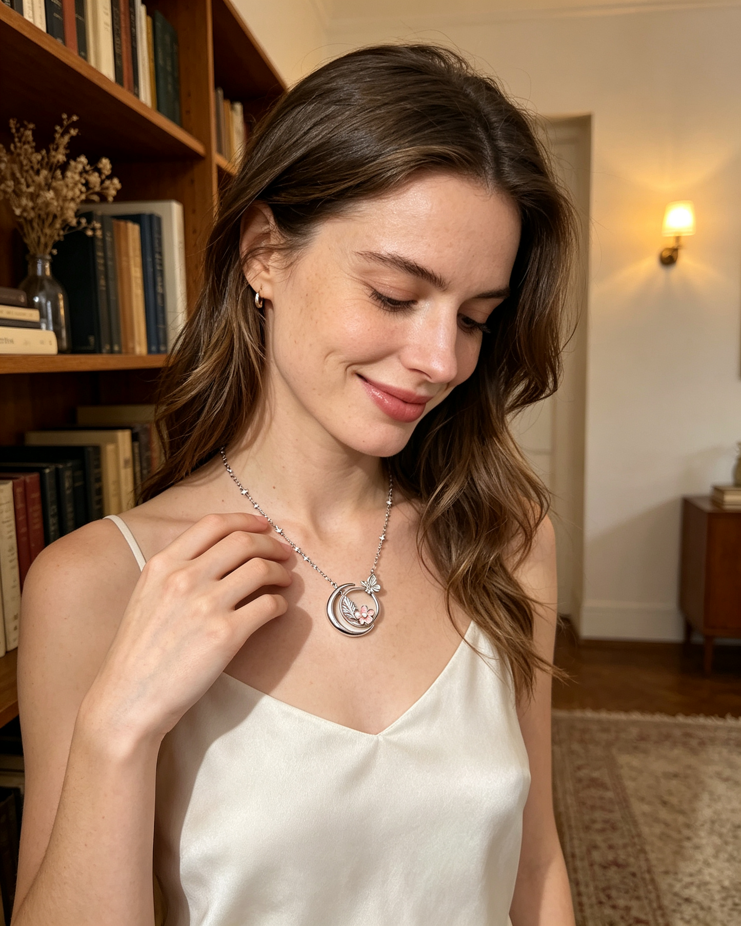 Moon Butterfly Floral Pearl Pendant Necklace