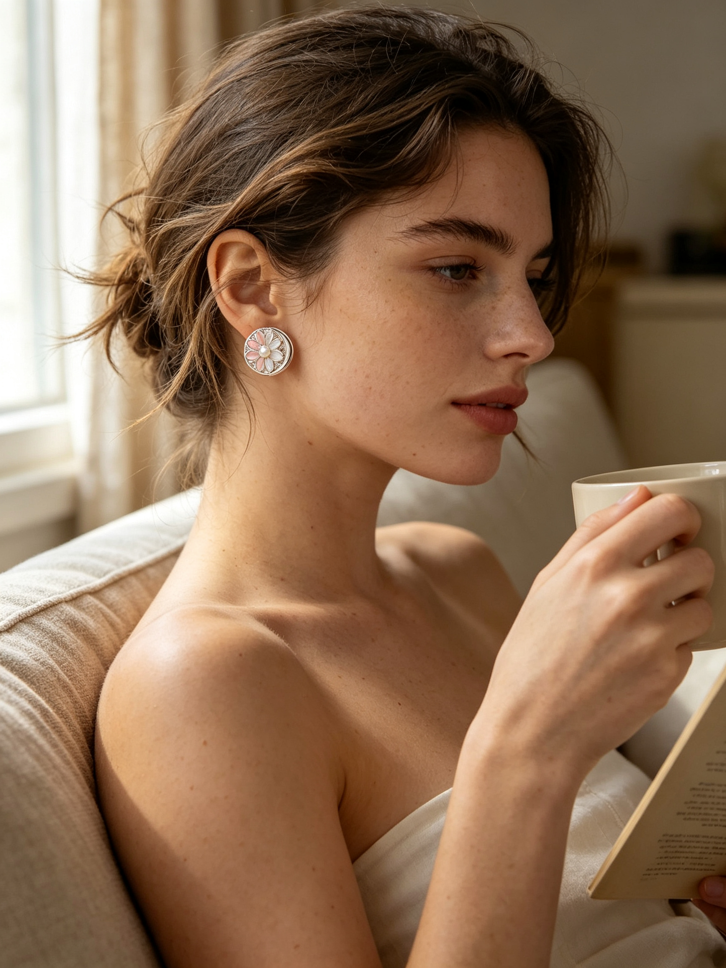 Pink Floral Crescent Moon Circle Stud Earrings